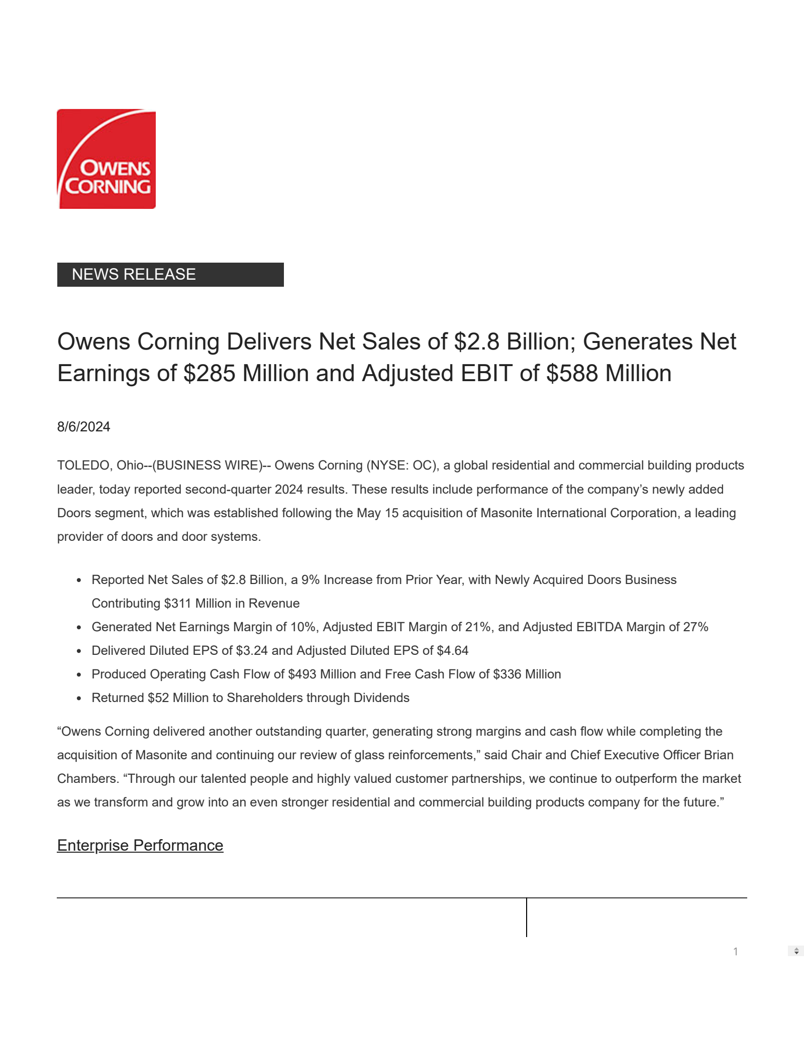 Owens Corning's Q2 2024 Press Release