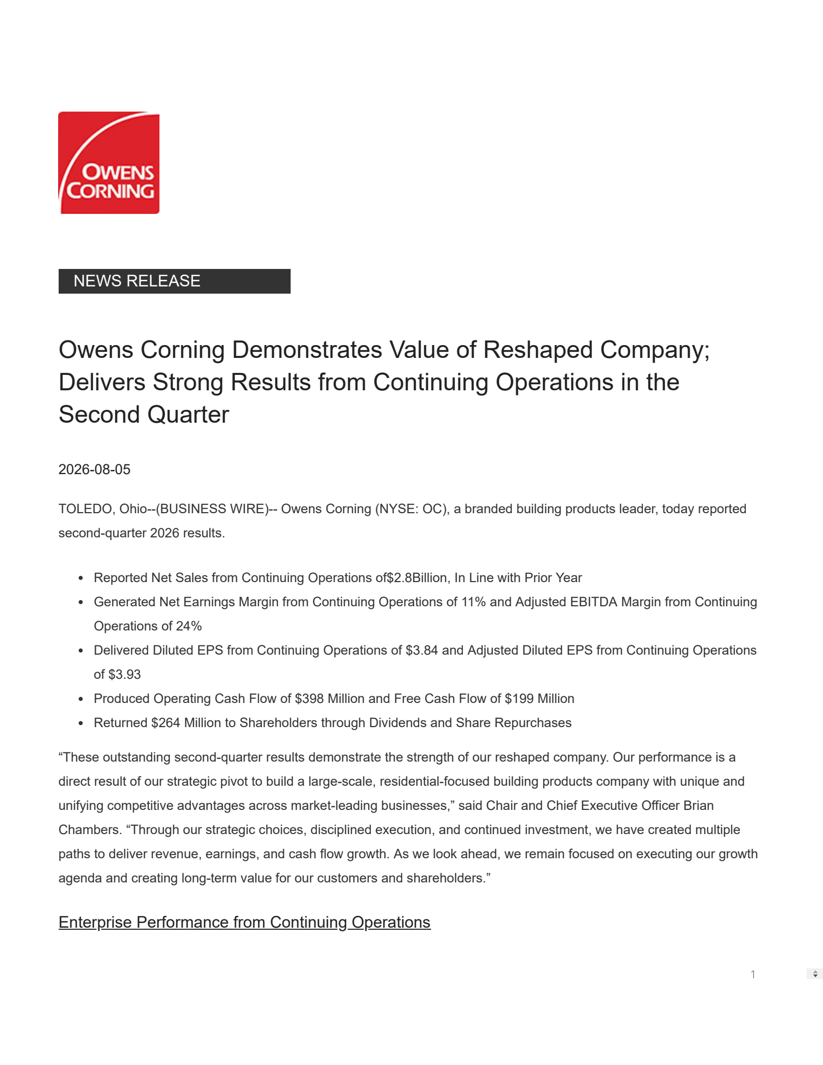Owens Corning's Q2 2026 Press Release