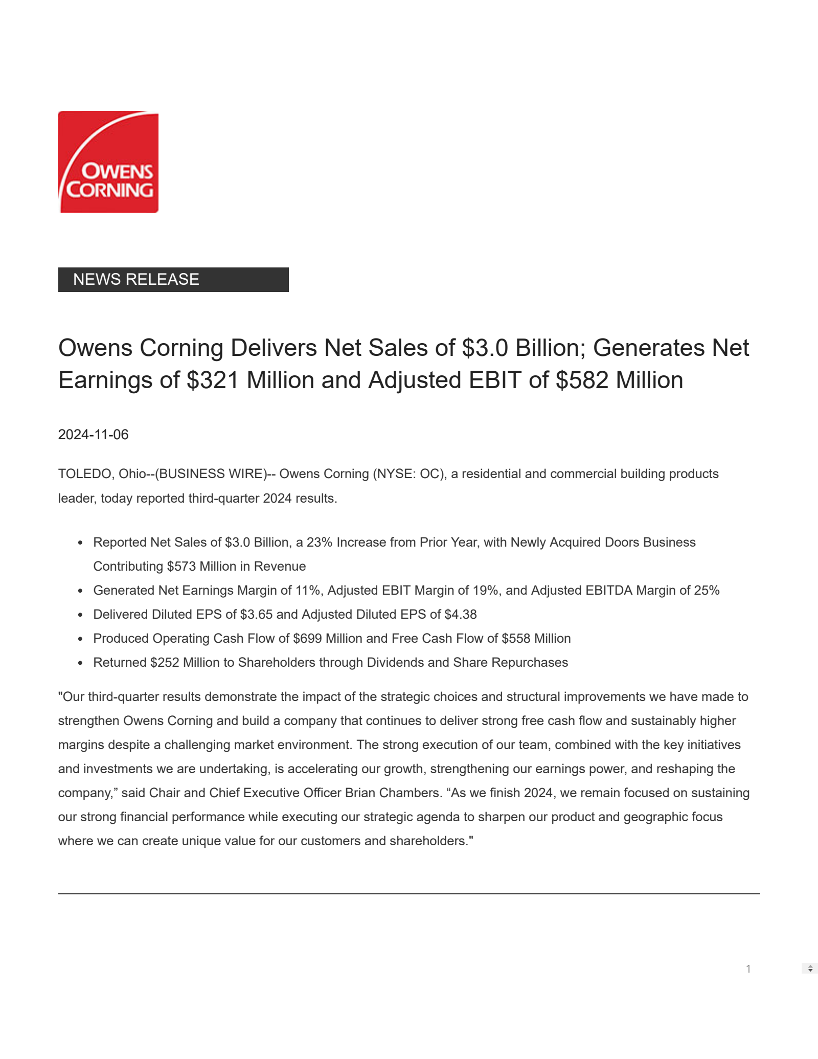 Owens Corning's Q3 2024 Press Release