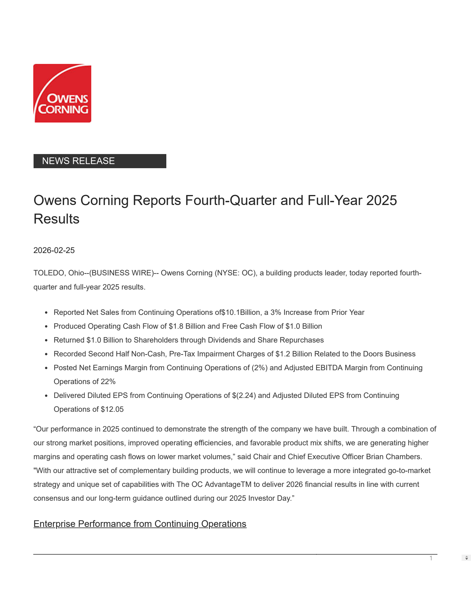 Owens Corning's Q4 2025 Press Release