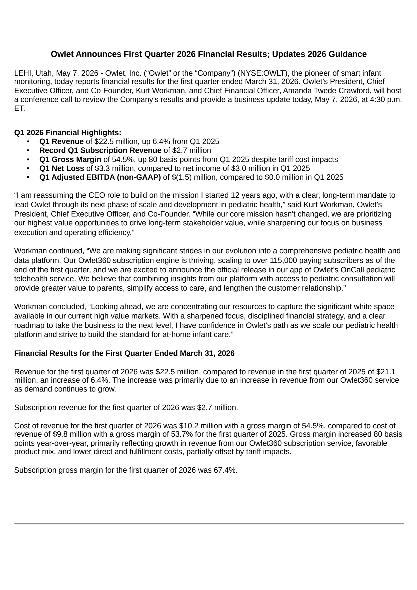 Owlet's Q1 2026 Press Release
