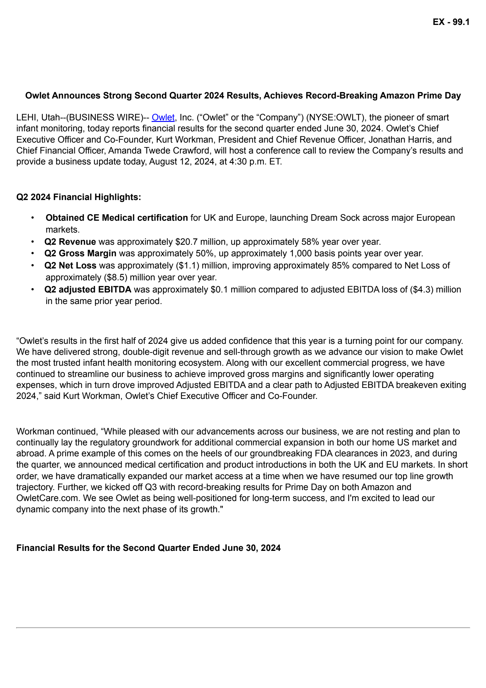 Owlet's Q2 2024 Press Release