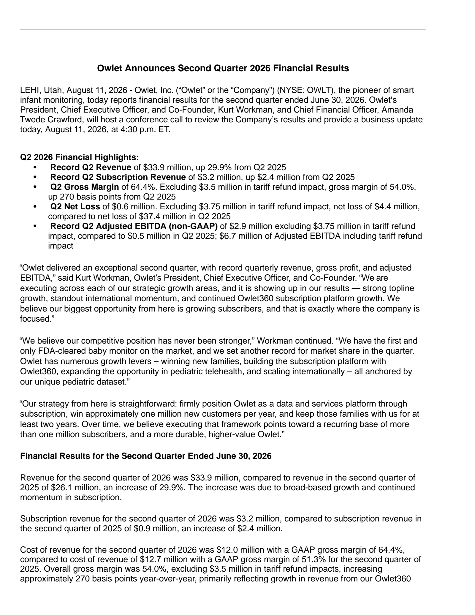 Owlet's Q2 2026 Press Release