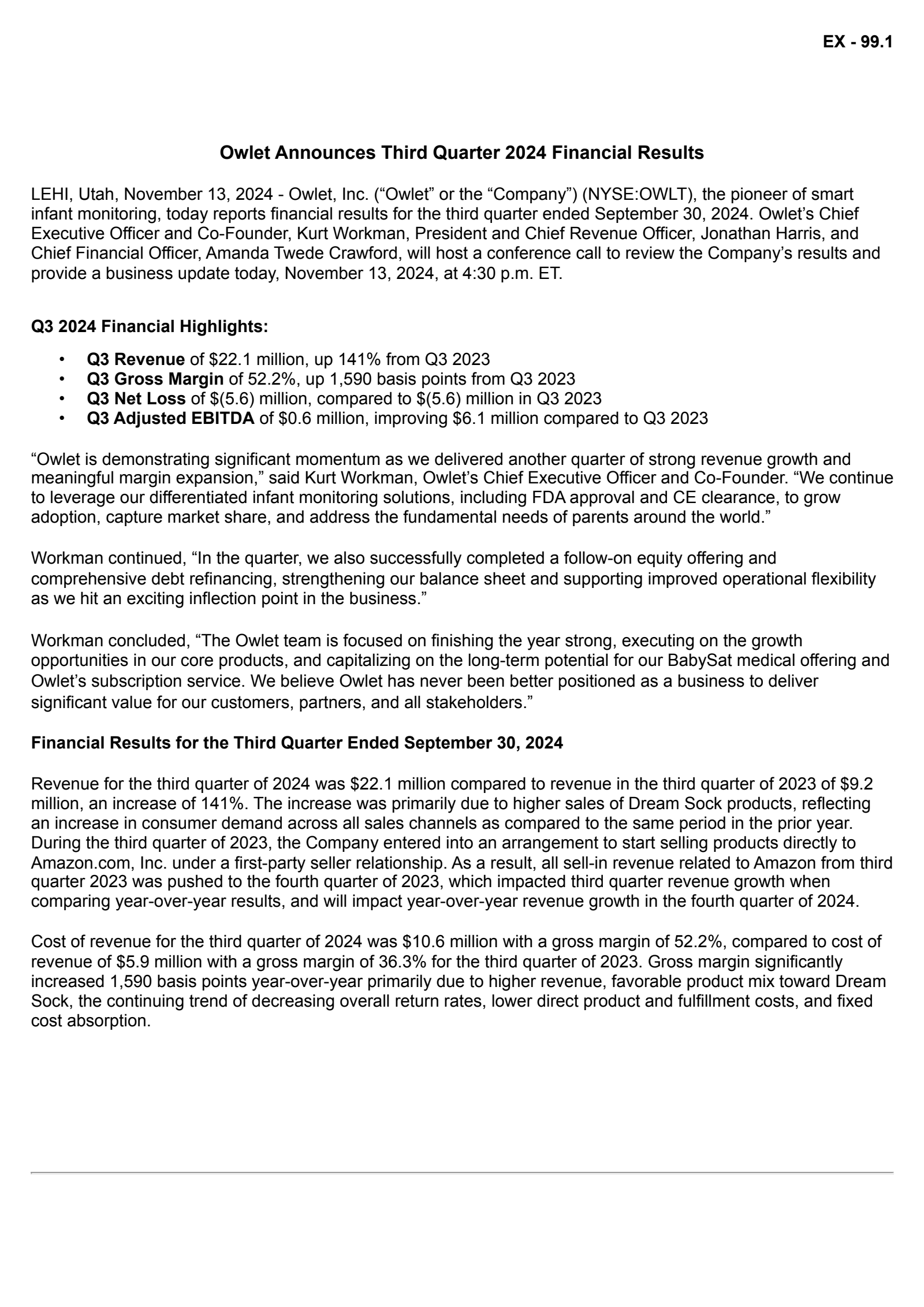 Owlet's Q3 2024 Press Release