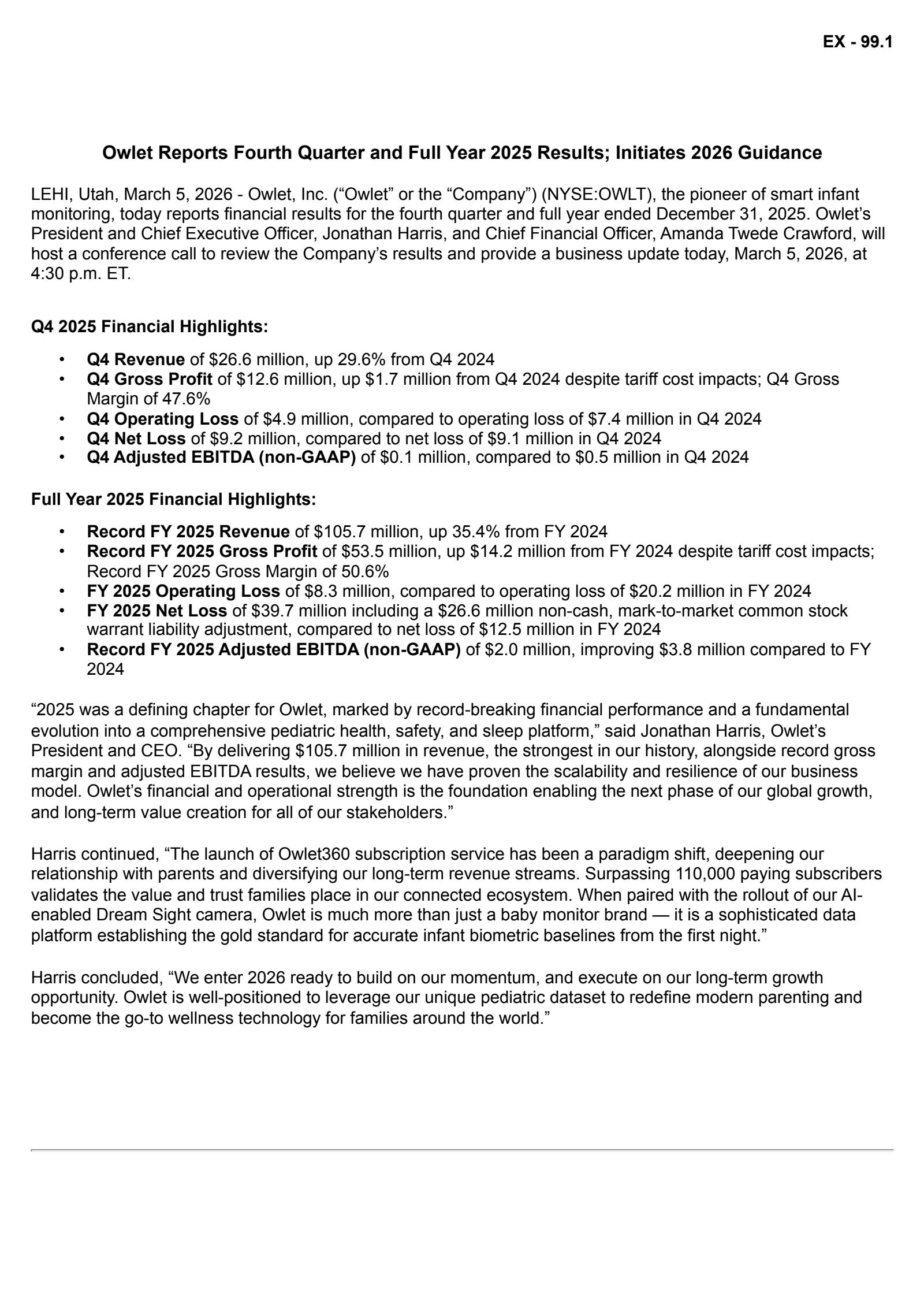 Owlet's Q4 2025 Press Release