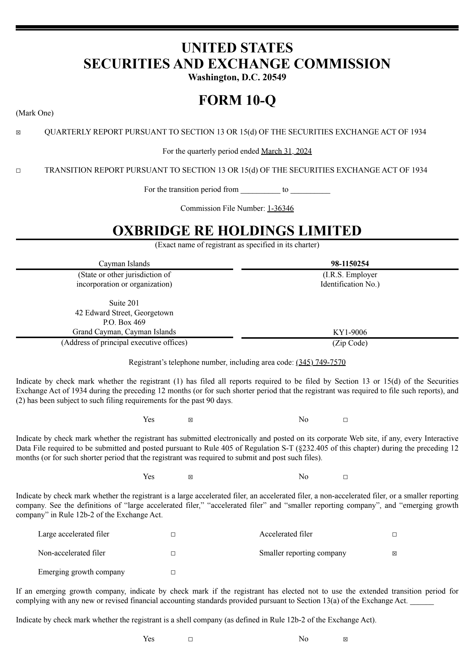 Oxbridge Re's Q1 2024 Quarterly report