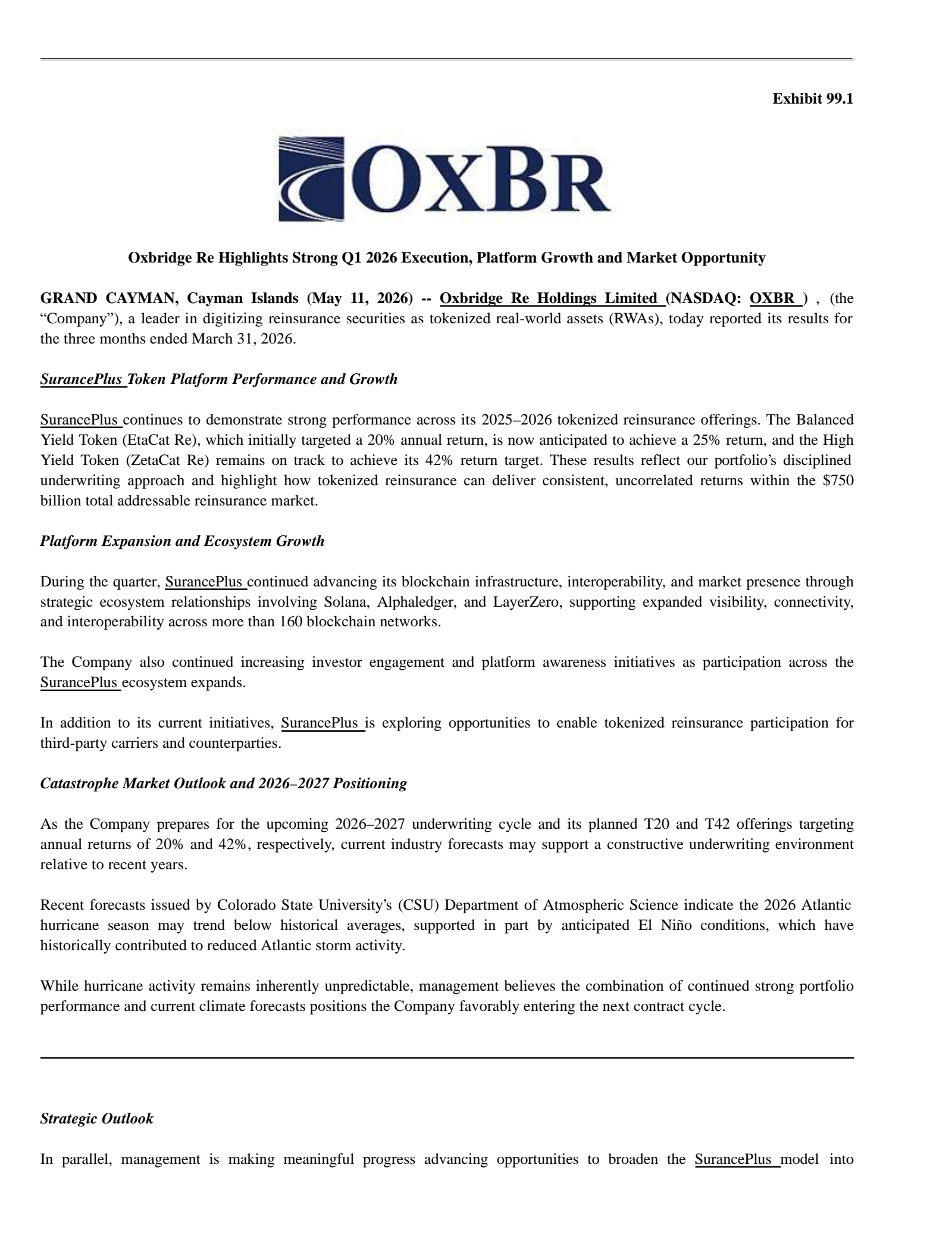 Oxbridge Re's Q1 2026 Press Release