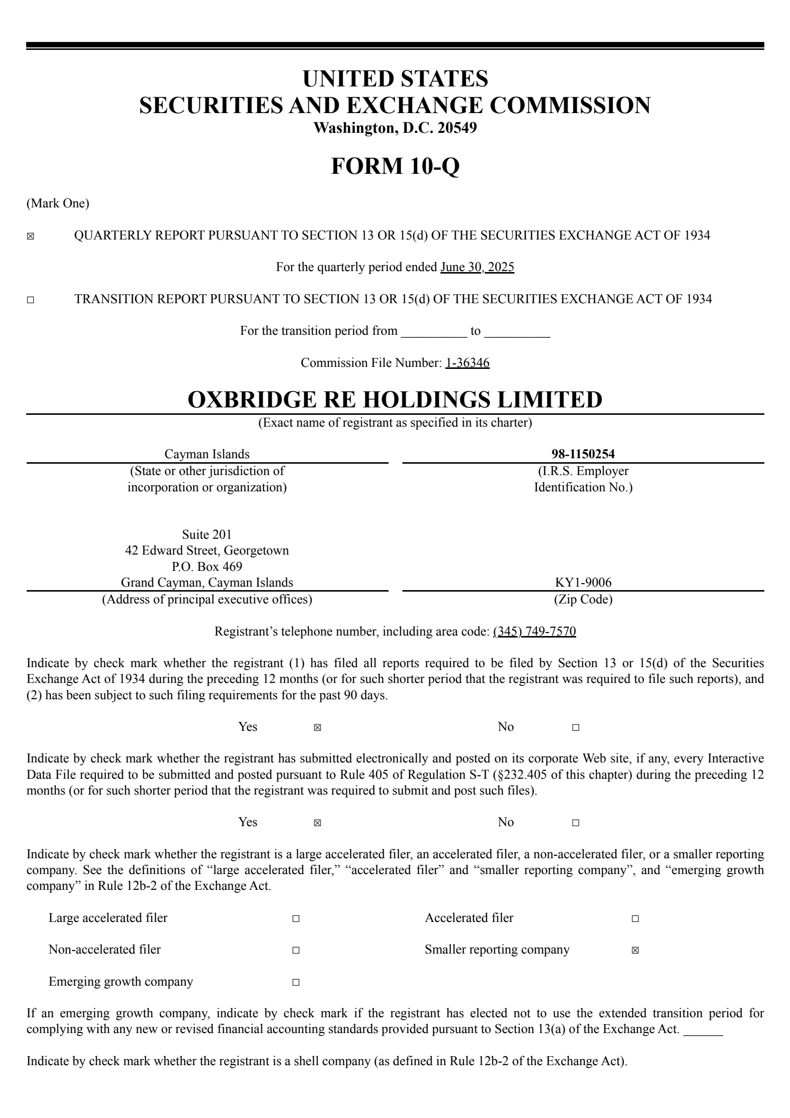 Oxbridge Re's Q2 2025 Quarterly report