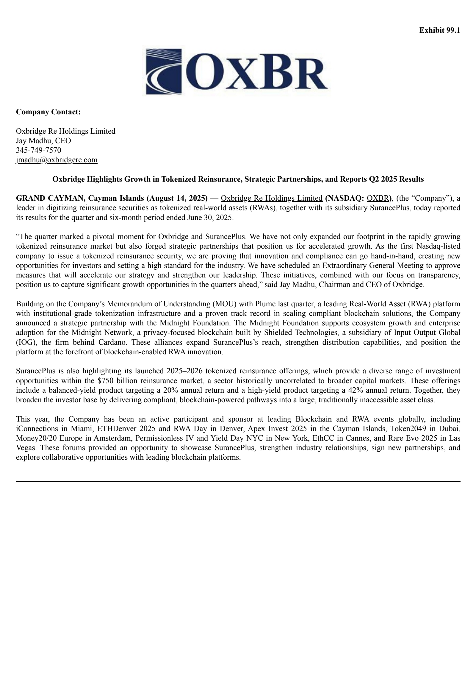Oxbridge Re's Q2 2025 Press Release