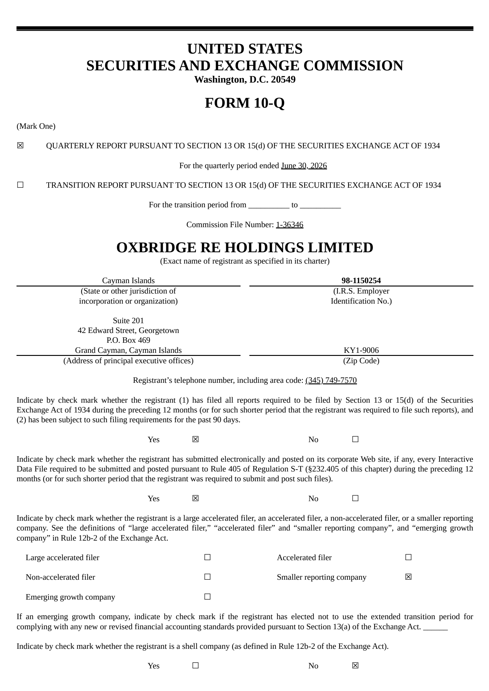 Oxbridge Re's Q2 2026 Quarterly report