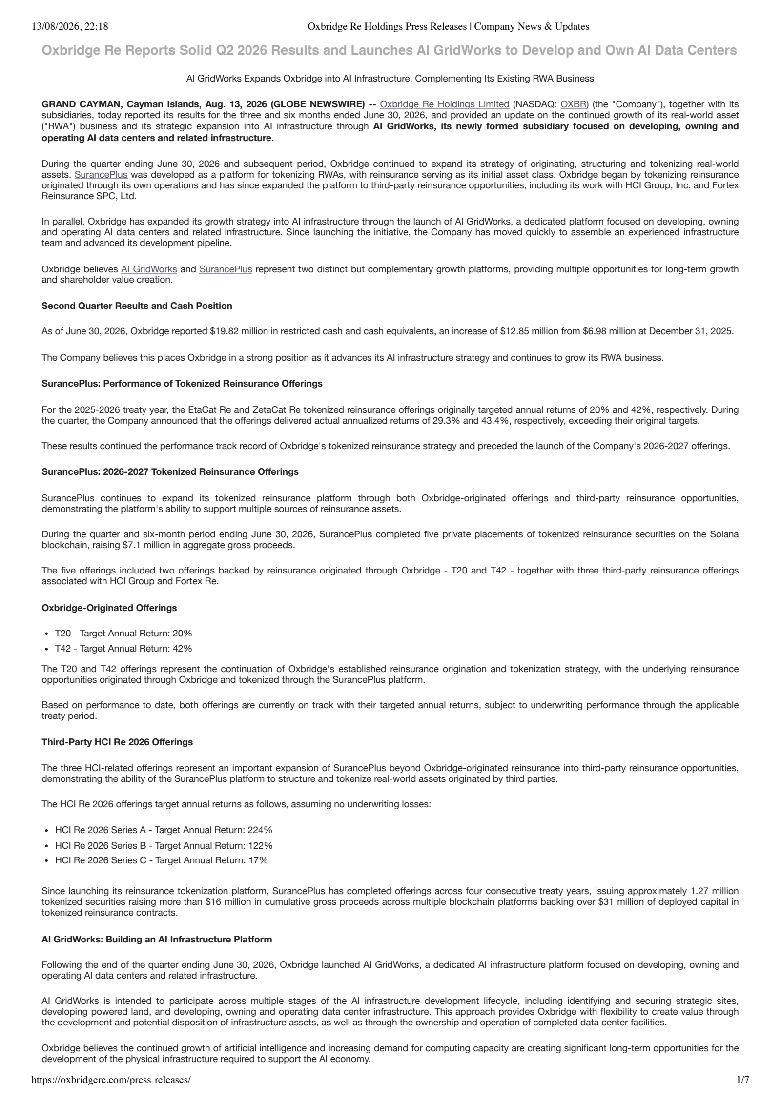 Oxbridge Re's Q2 2026 Press Release