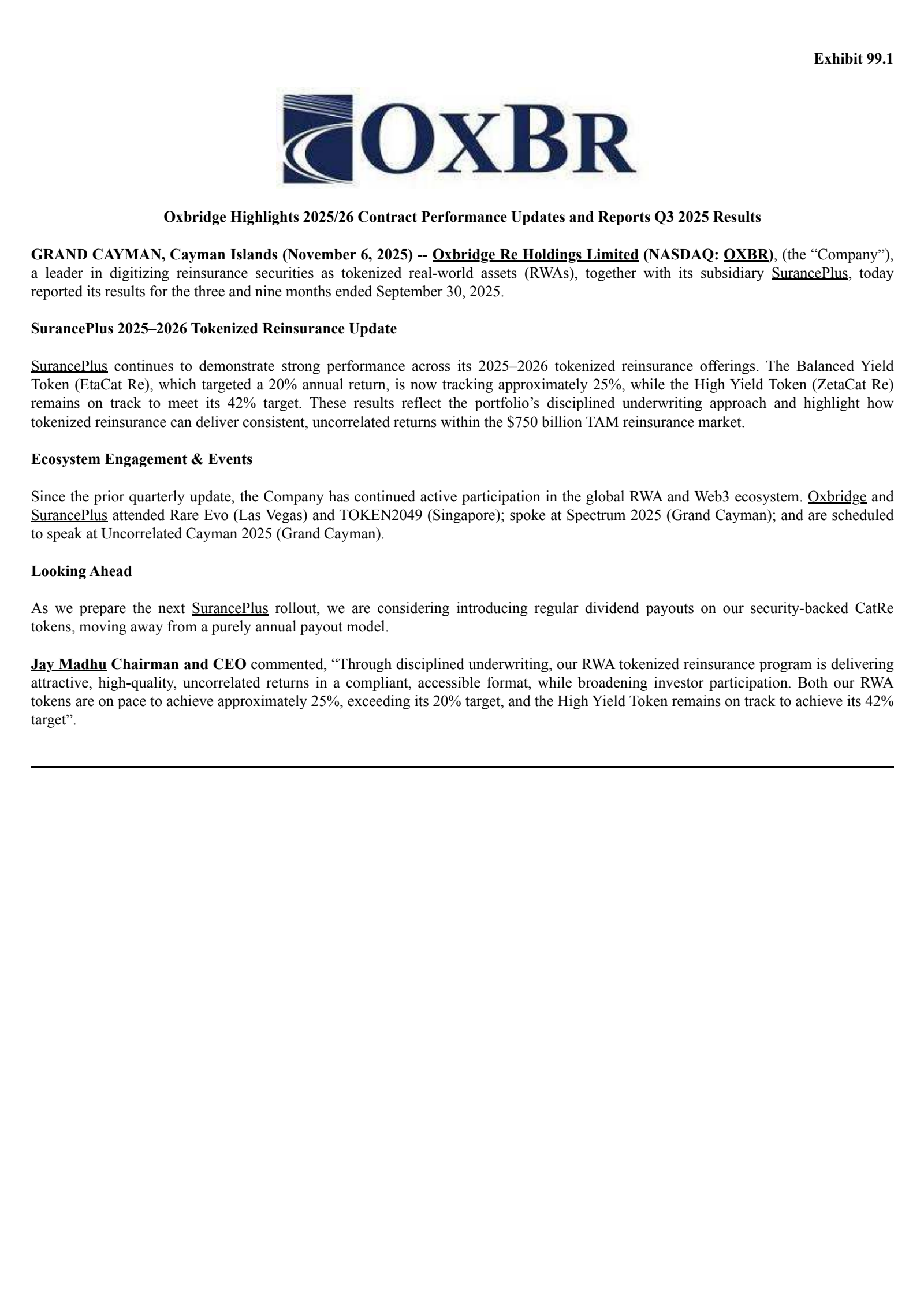 Oxbridge Re's Q3 2025 Earnings Release