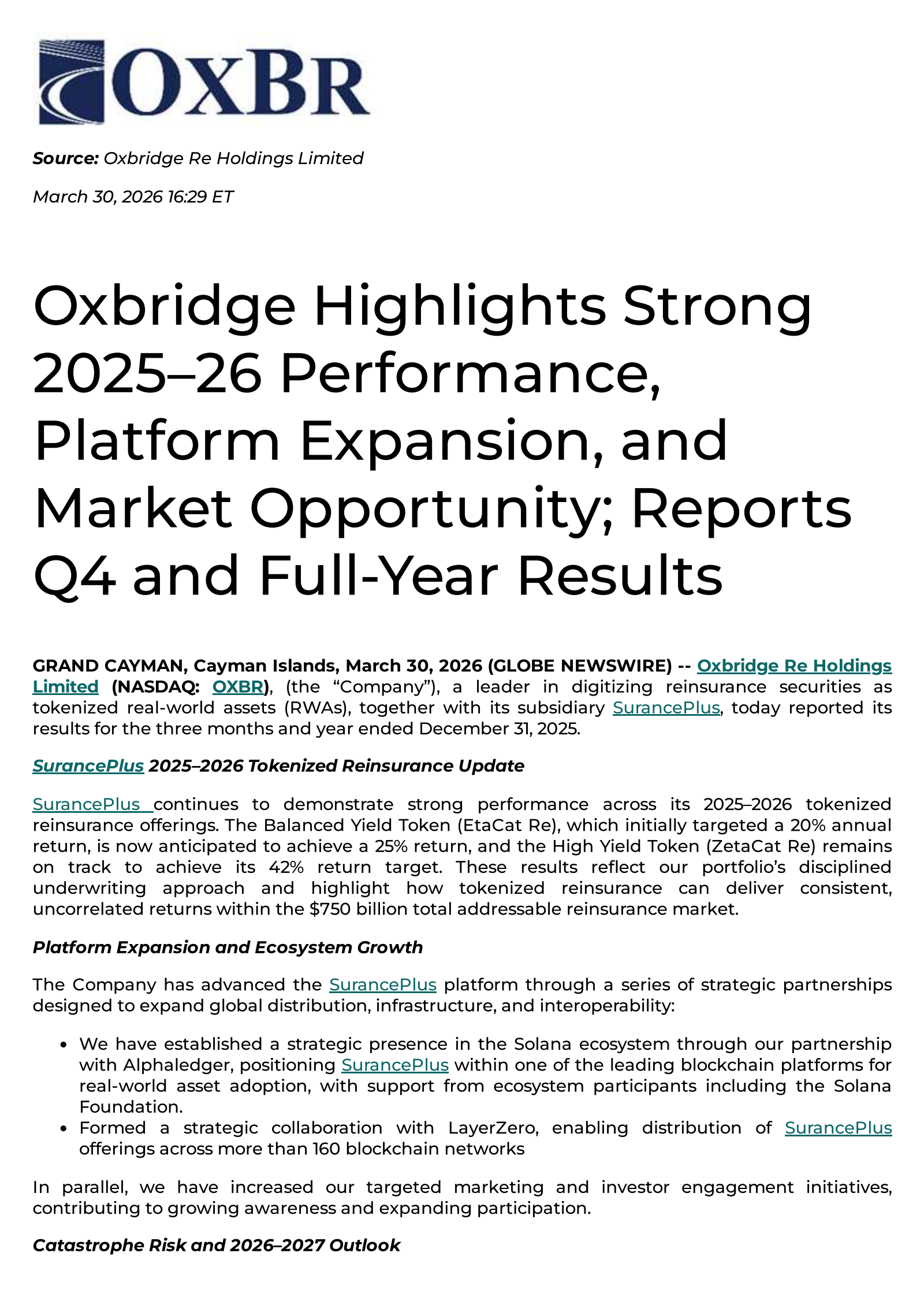 Oxbridge Re's Q4 2025 Press Release