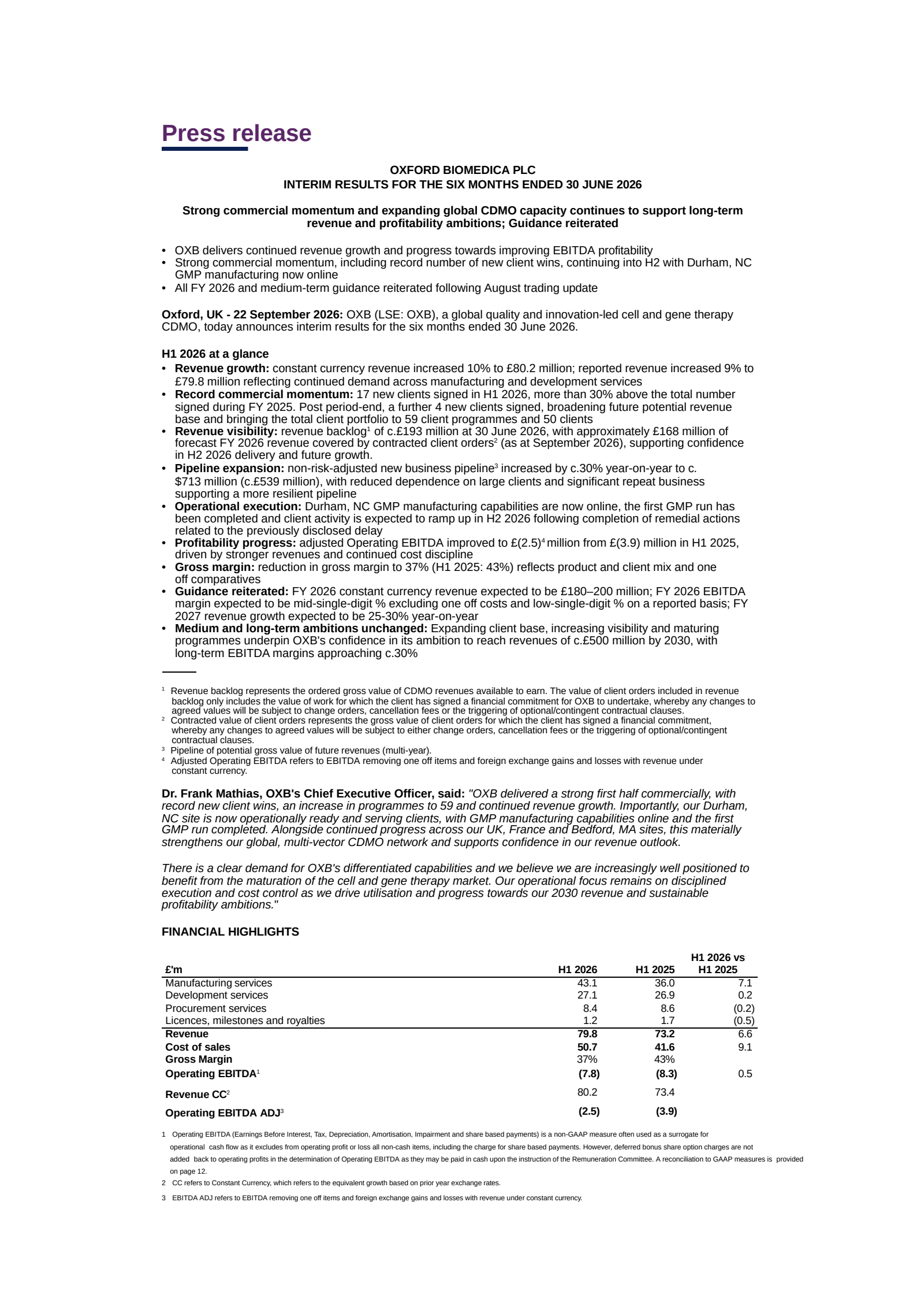 Oxford Biomedica's H1 2026 Interim report