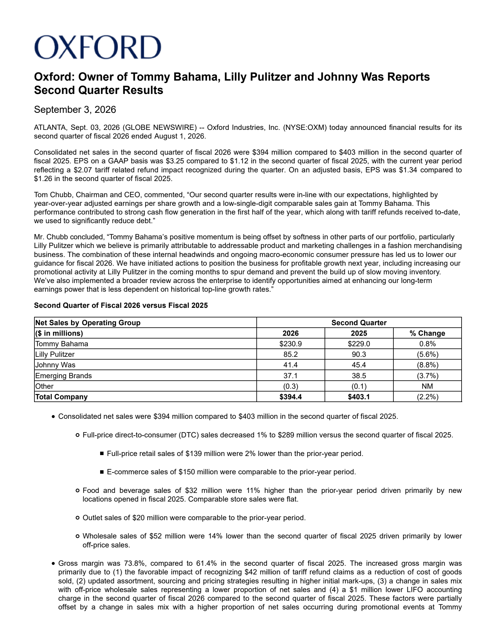 Oxford Industries' Q2 2027 Press Release