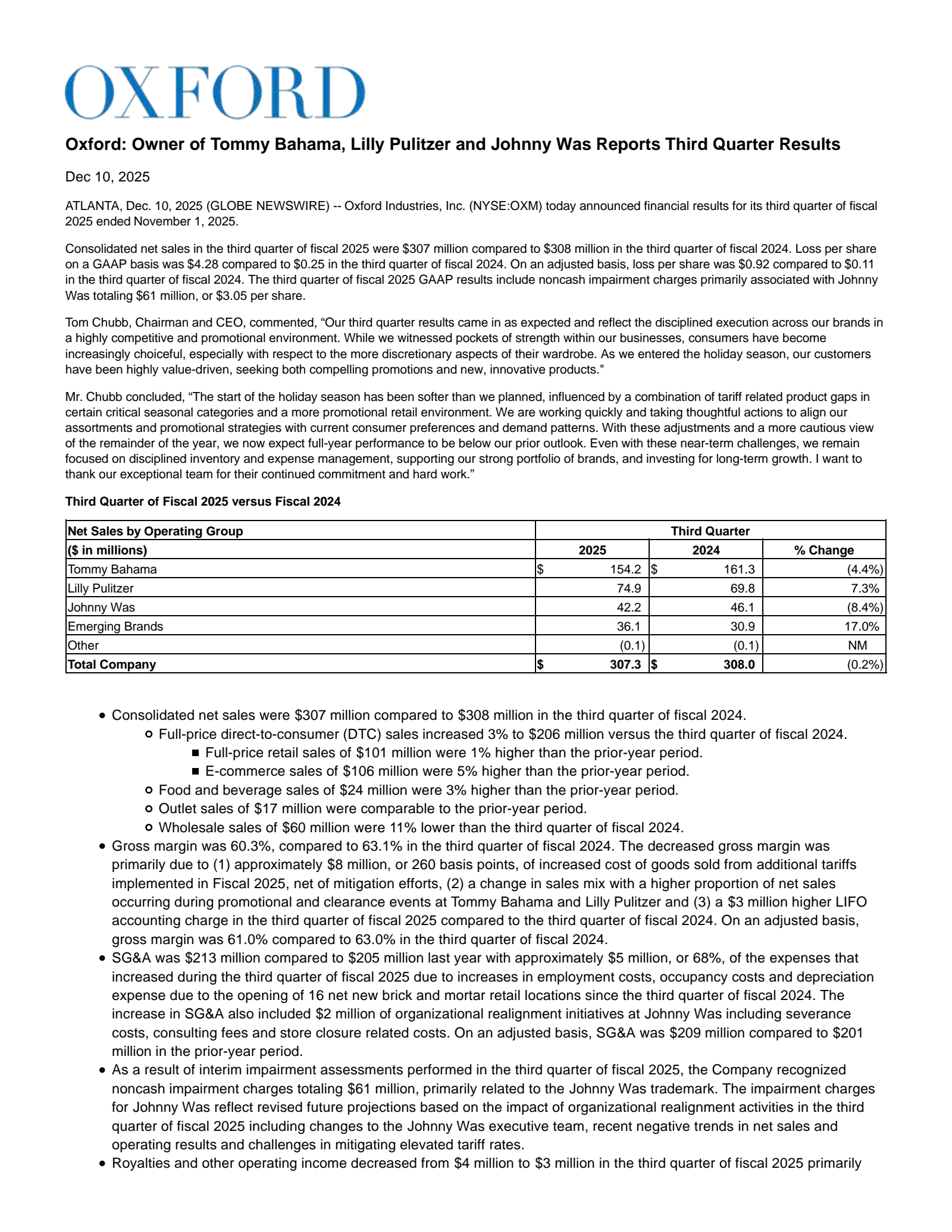 Oxford Industries' Q3 2026 Earnings Release