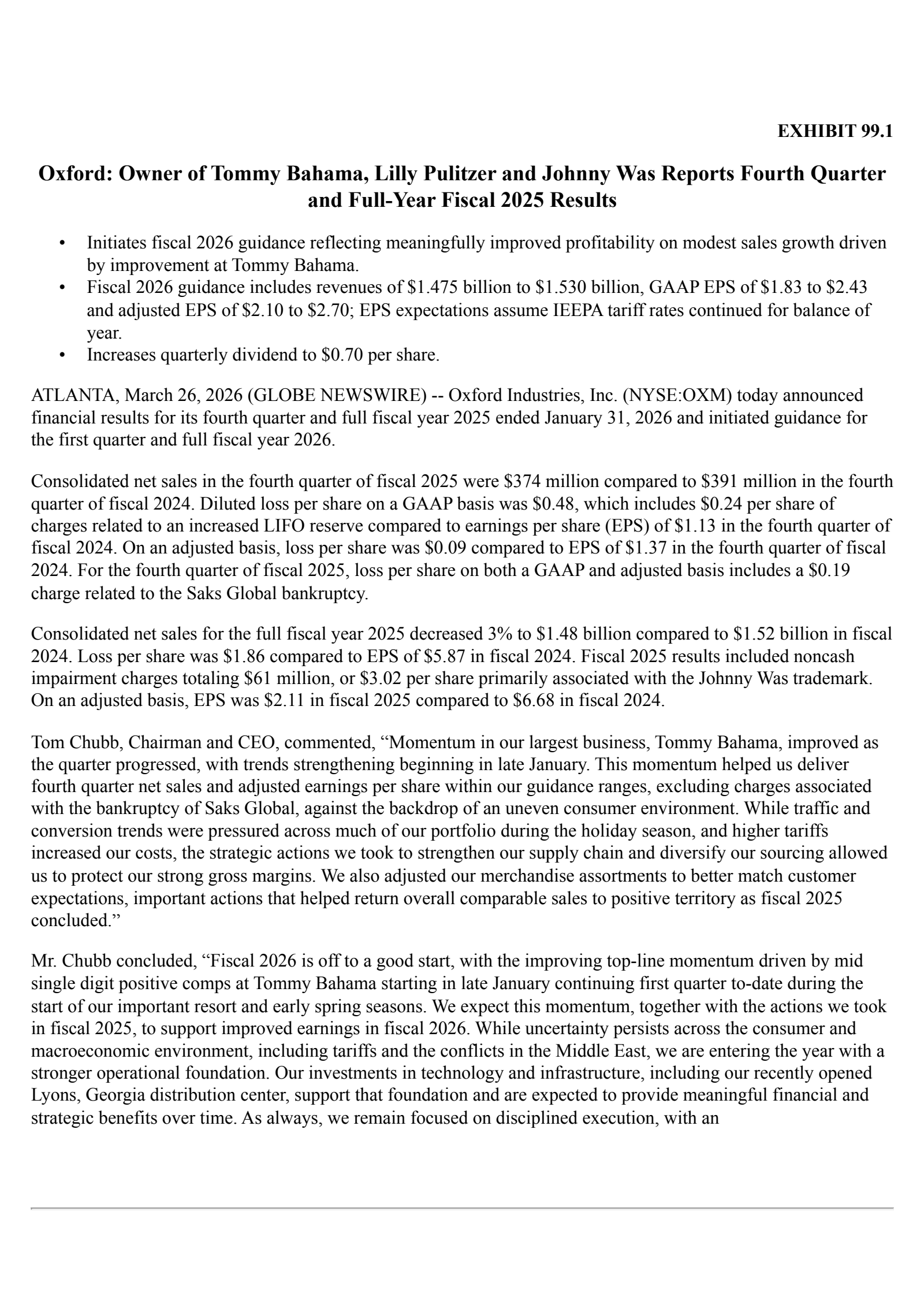Oxford Industries' Q4 2026 Press Release