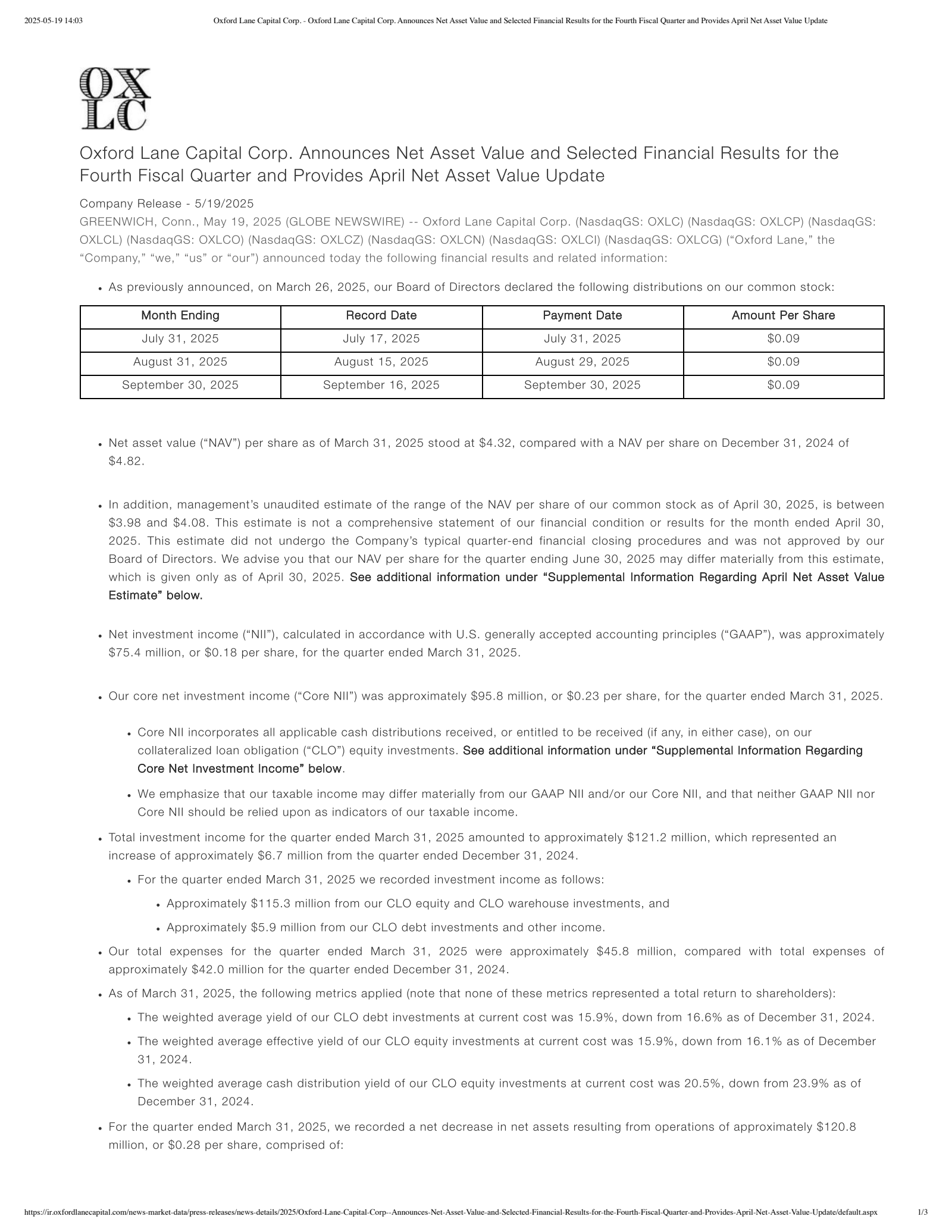 Oxford Lane Capital's Q4 2025 Earnings Release