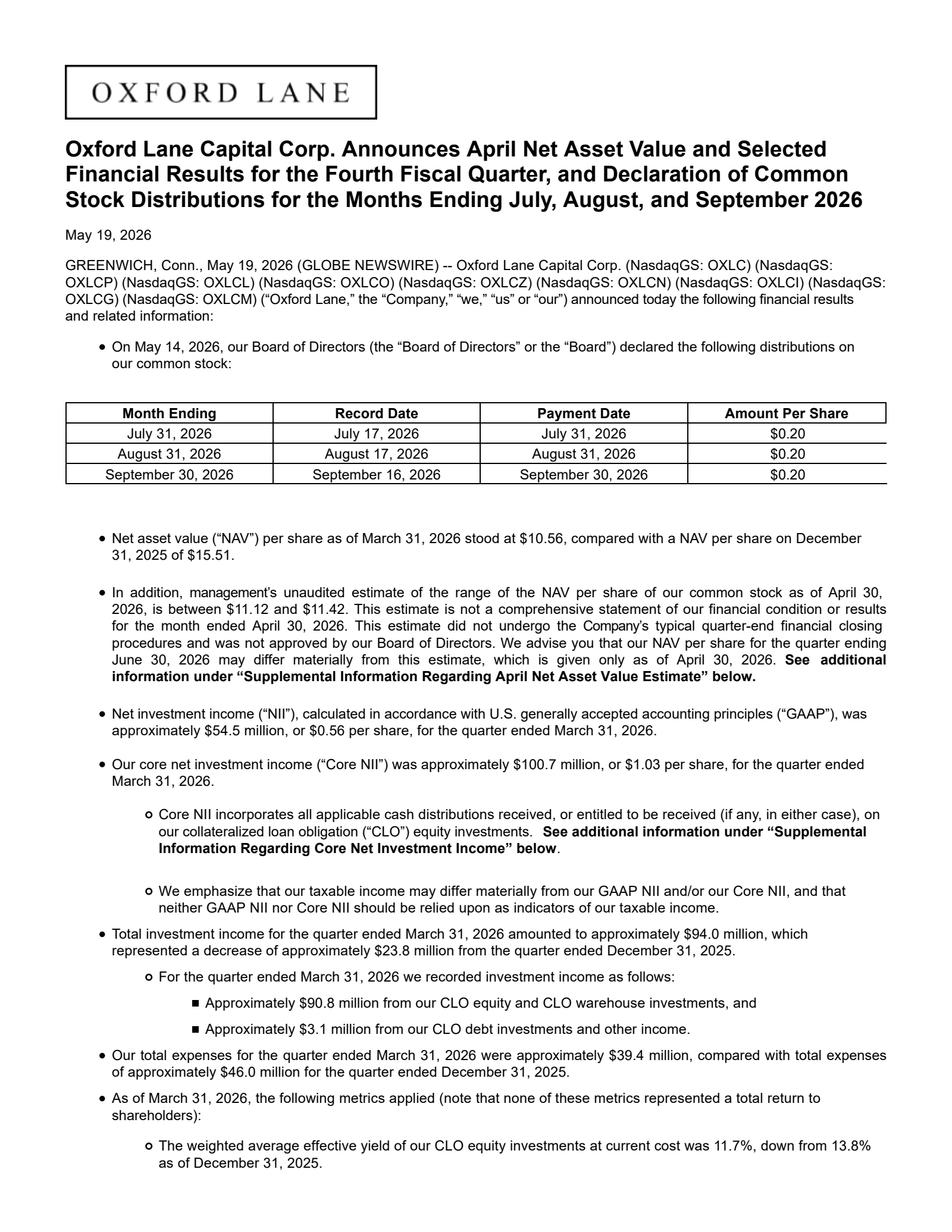 Oxford Lane Capital's Q4 2026 Press Release