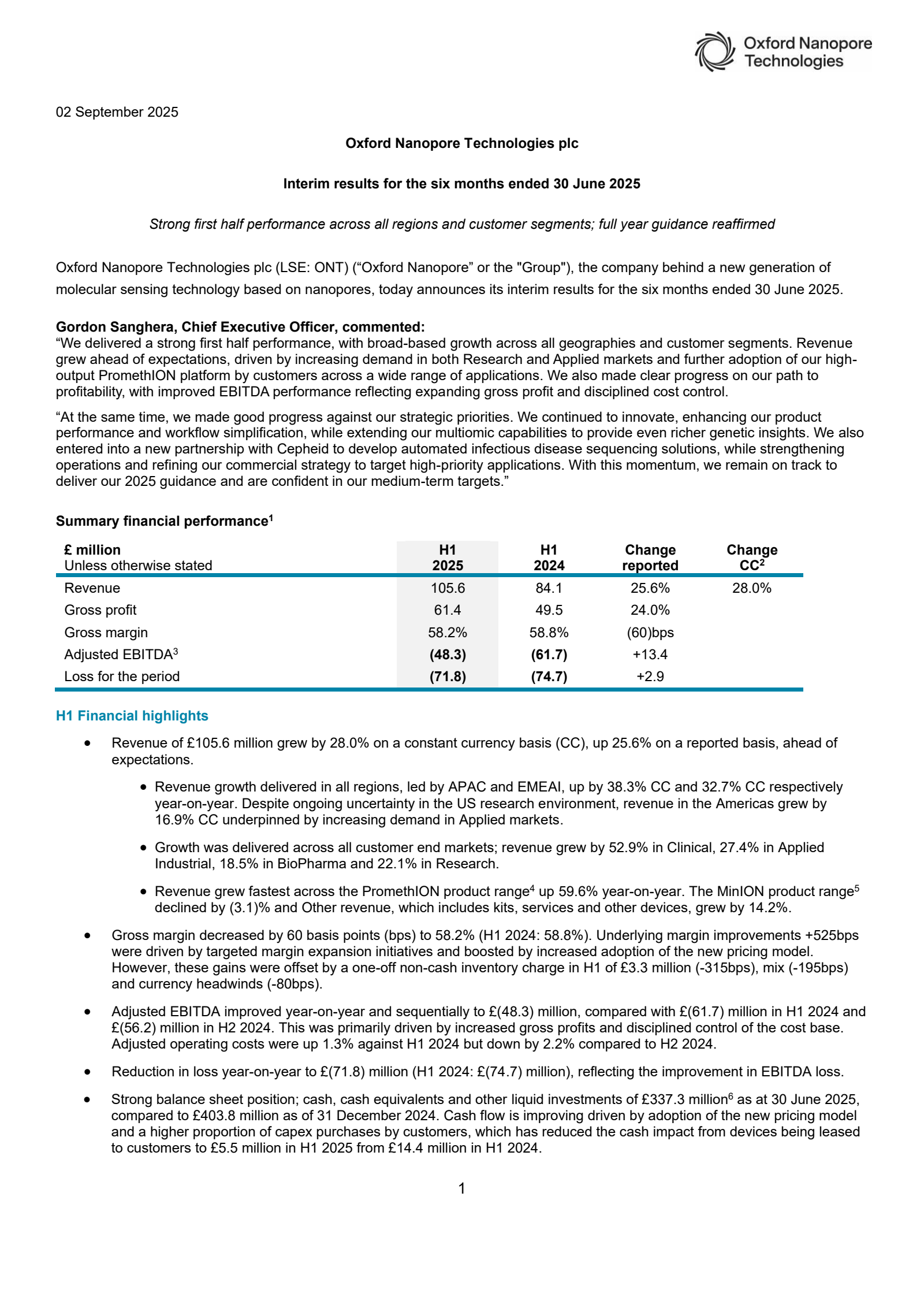 Oxford Nanopore Technologies' H1 2025 Interim report