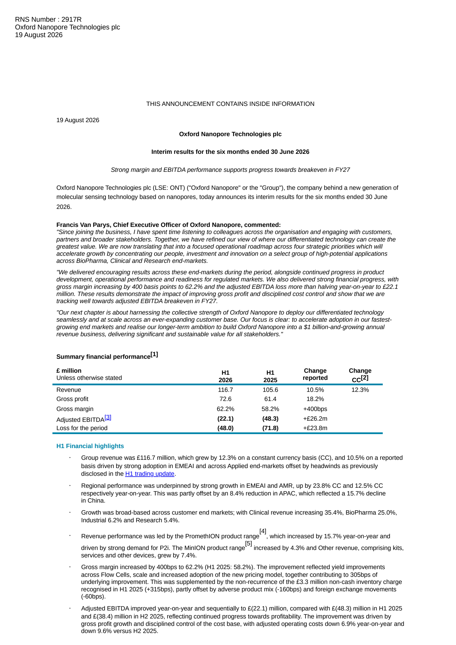 Oxford Nanopore Technologies' H1 2026 Interim report
