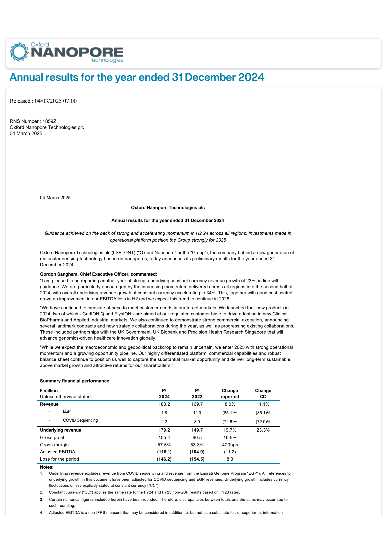 Oxford Nanopore Technologies' H2 2024 Interim report