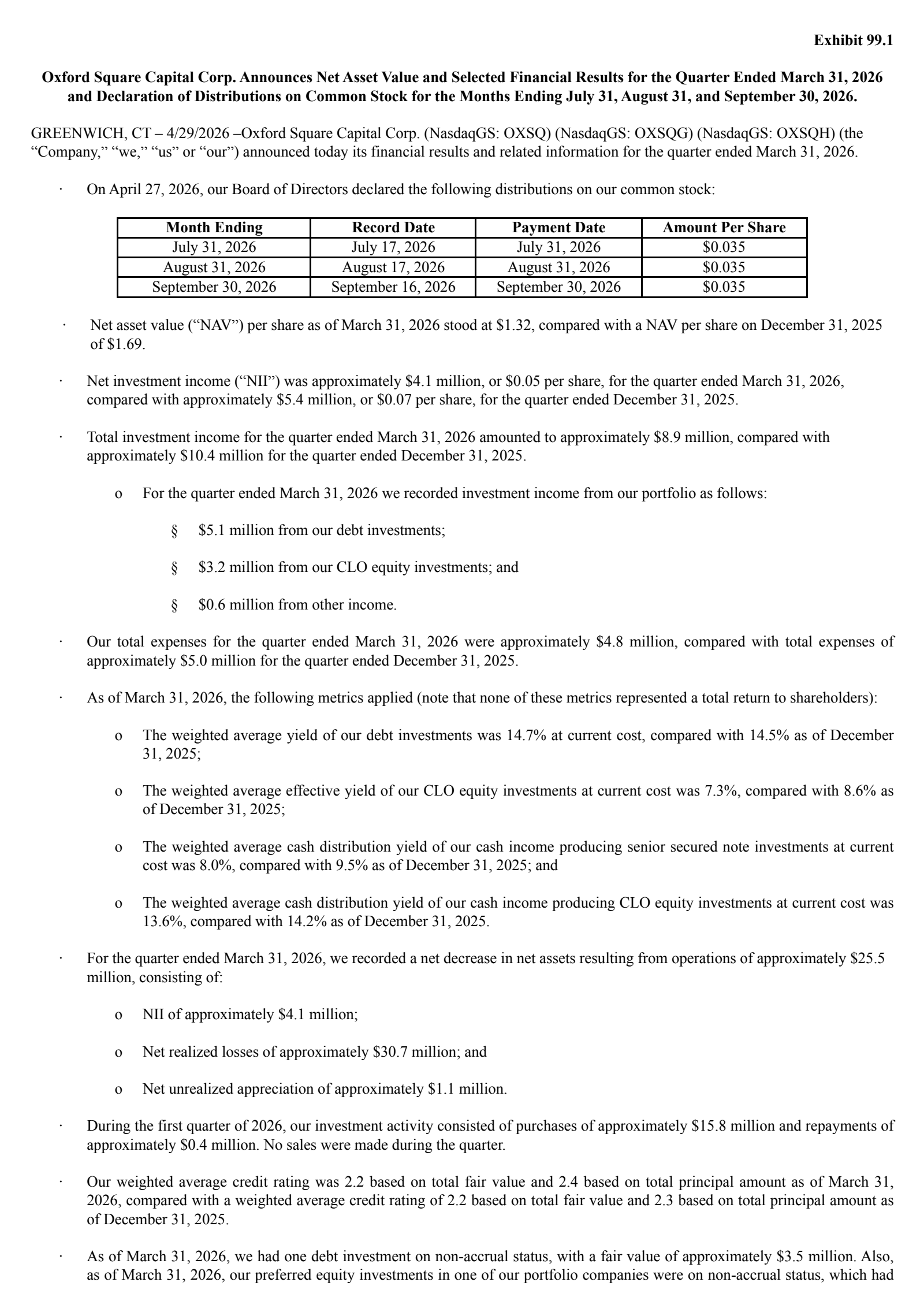 Oxford Square Capital's Q1 2026 Press Release