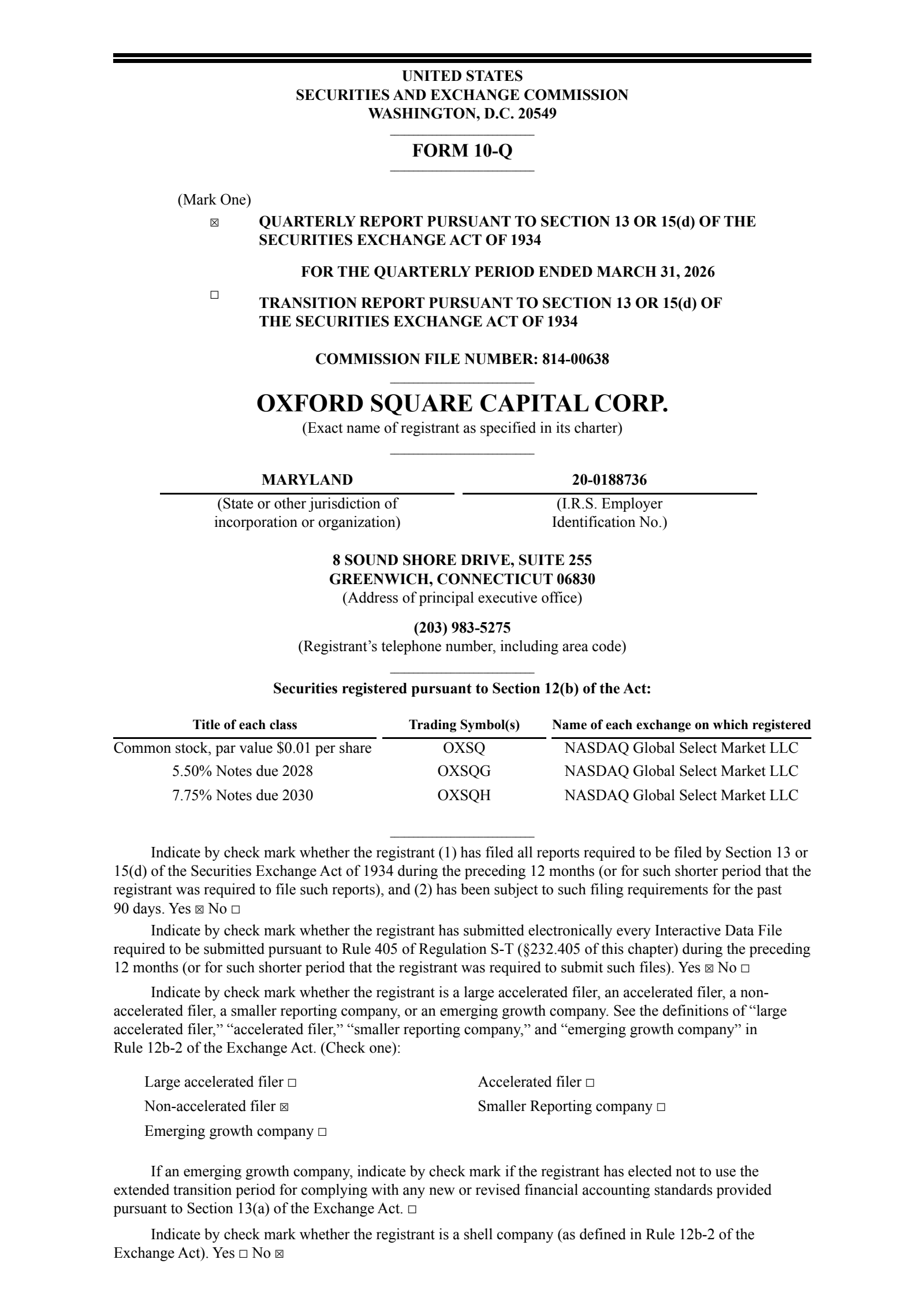 Oxford Square Capital's Q1 2026 Quarterly report