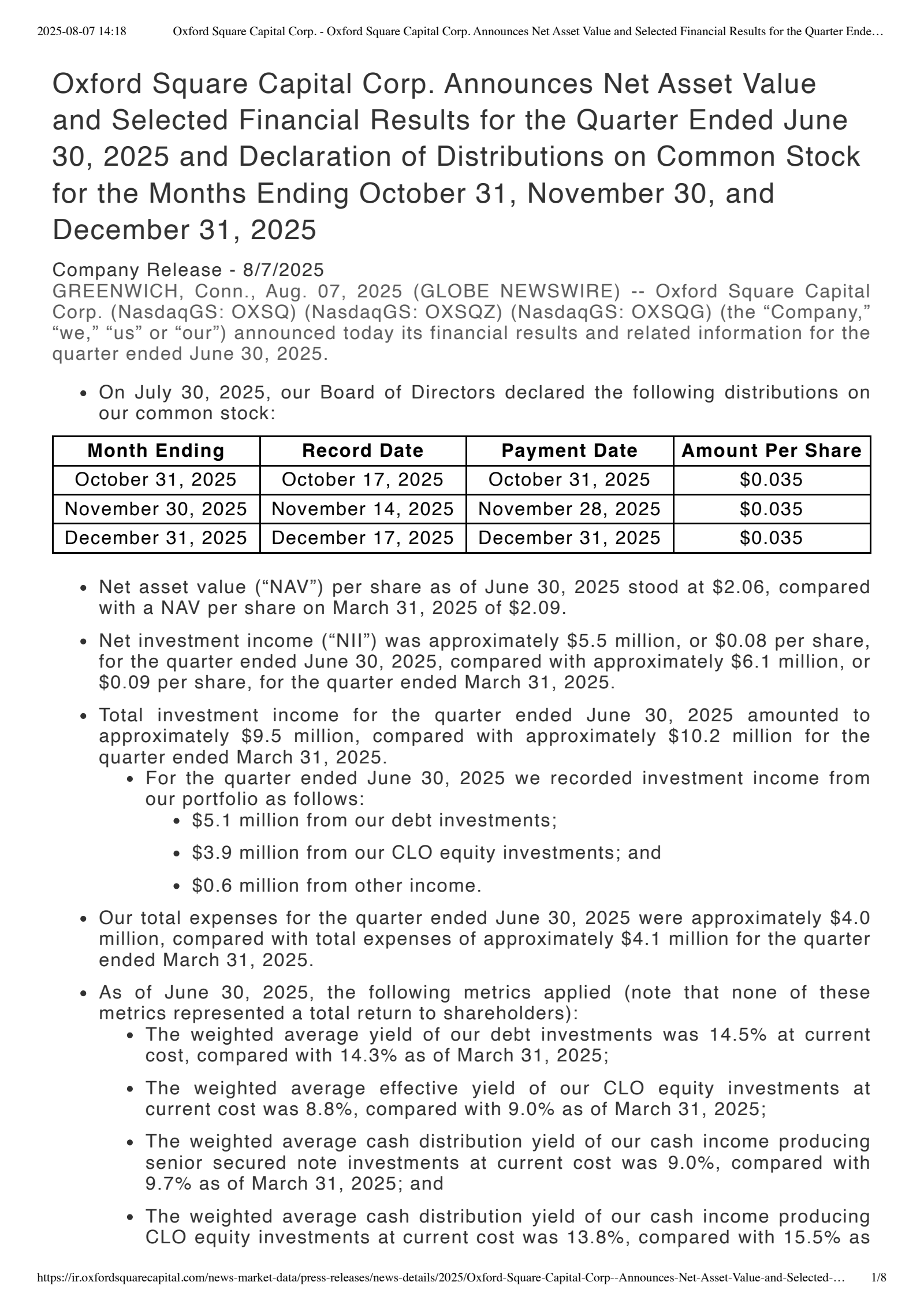 Oxford Square Capital's Q2 2025 Press Release