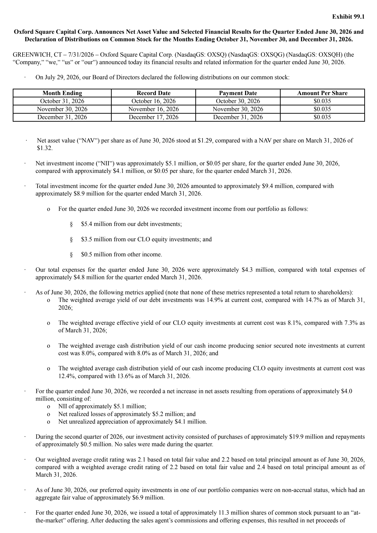 Oxford Square Capital's Q2 2026 Press Release