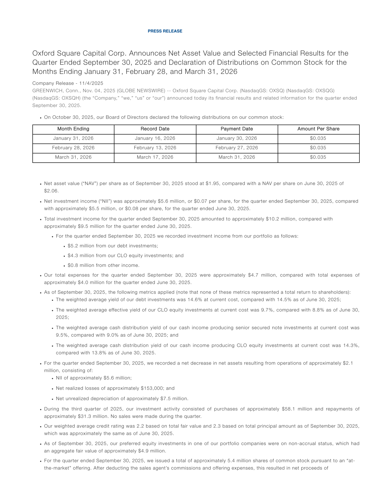 Oxford Square Capital's Q3 2025 Earnings Release