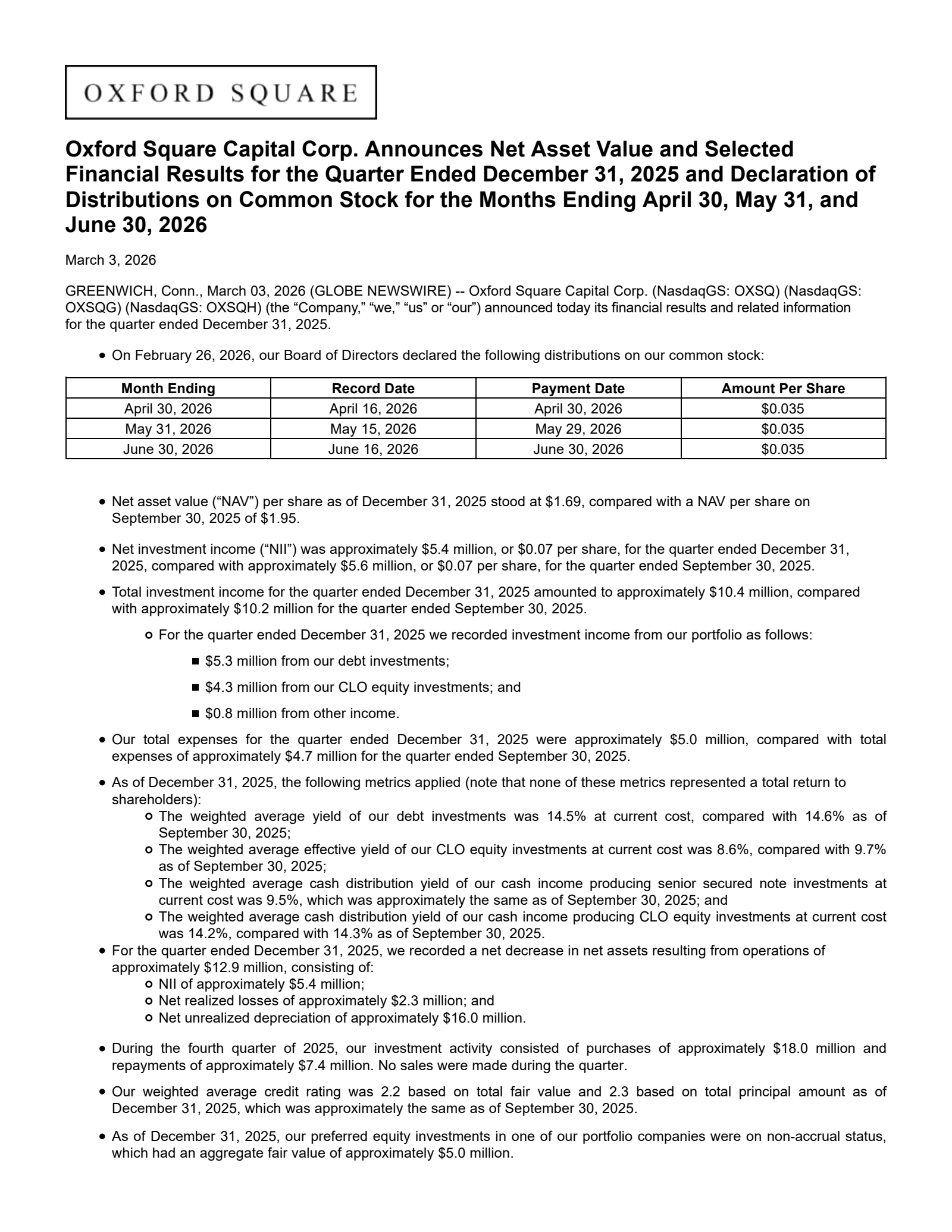 Oxford Square Capital's Q4 2025 Press Release