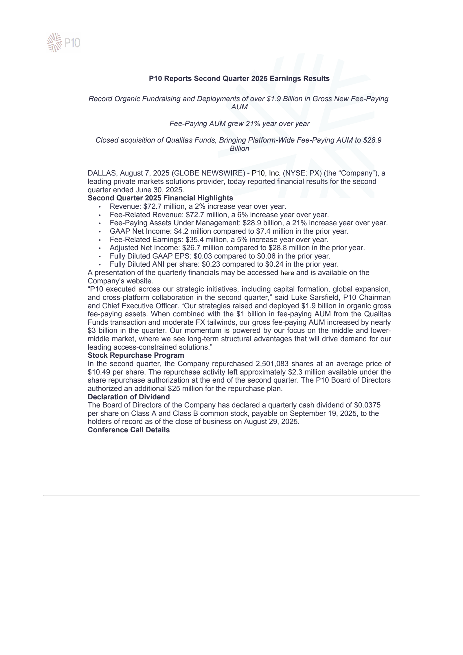 P10's Q2 2025 Earnings Release