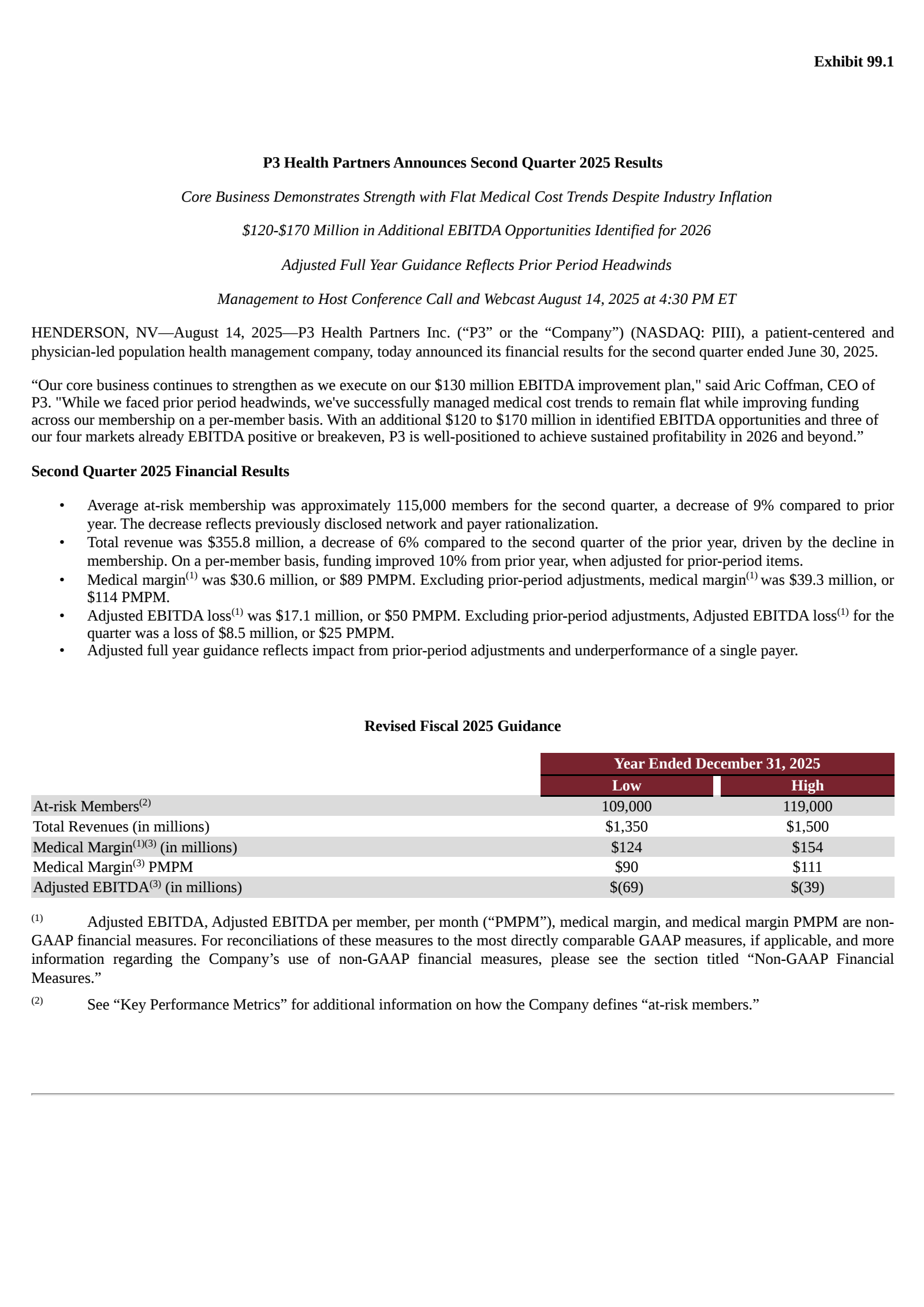 P3 Health Partners' Q2 2025 Press Release