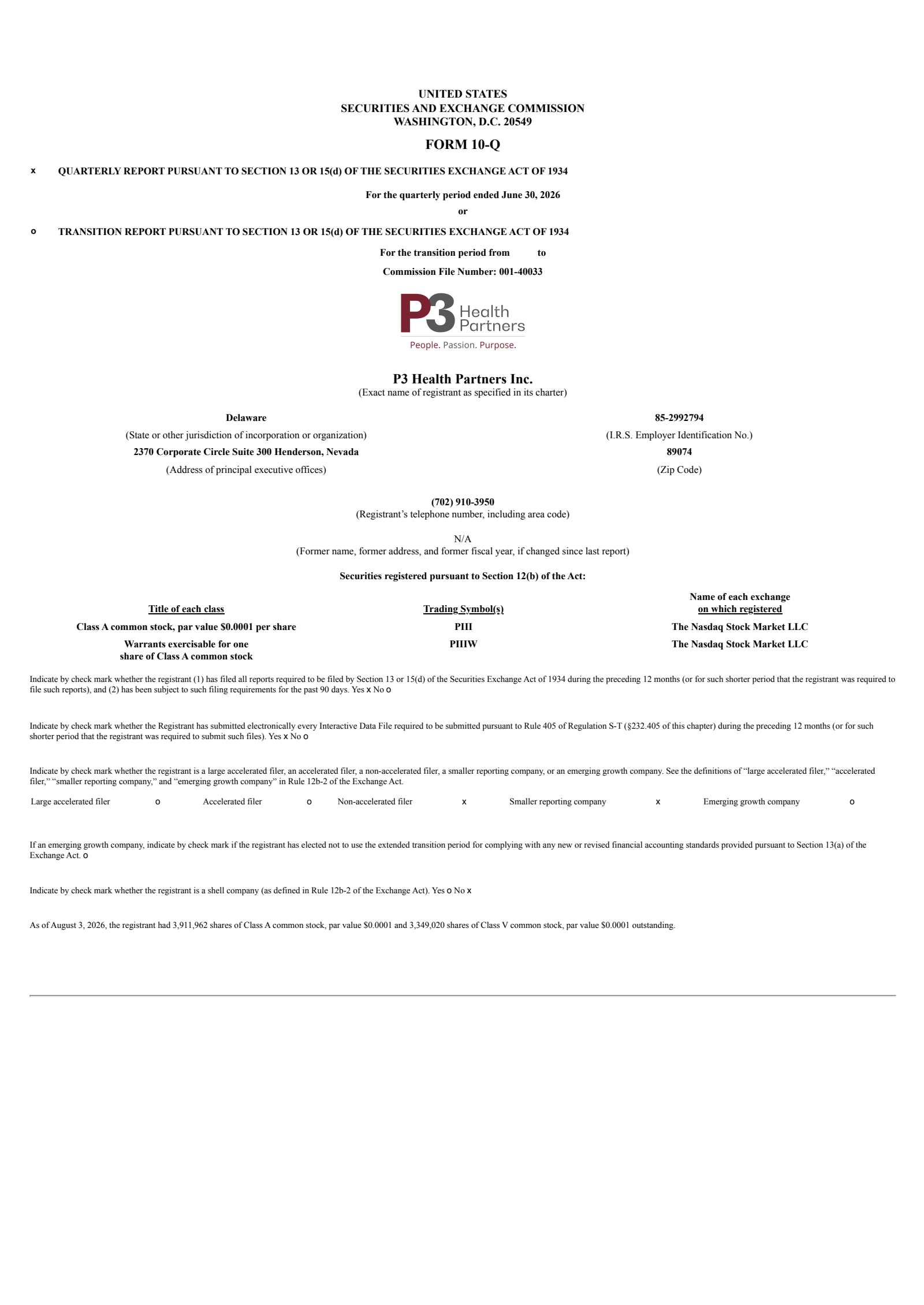P3 Health Partners' Q2 2026 Quarterly report