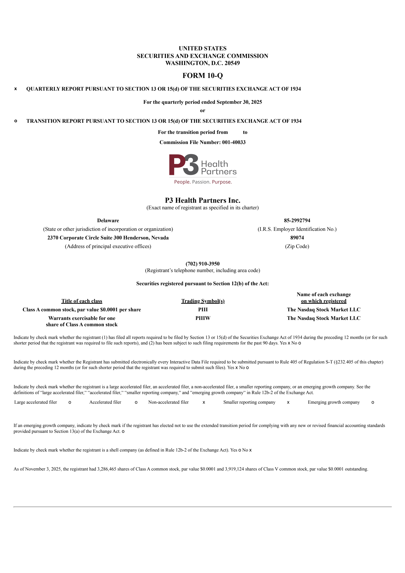 P3 Health Partners' Q3 2025 Quarterly Report