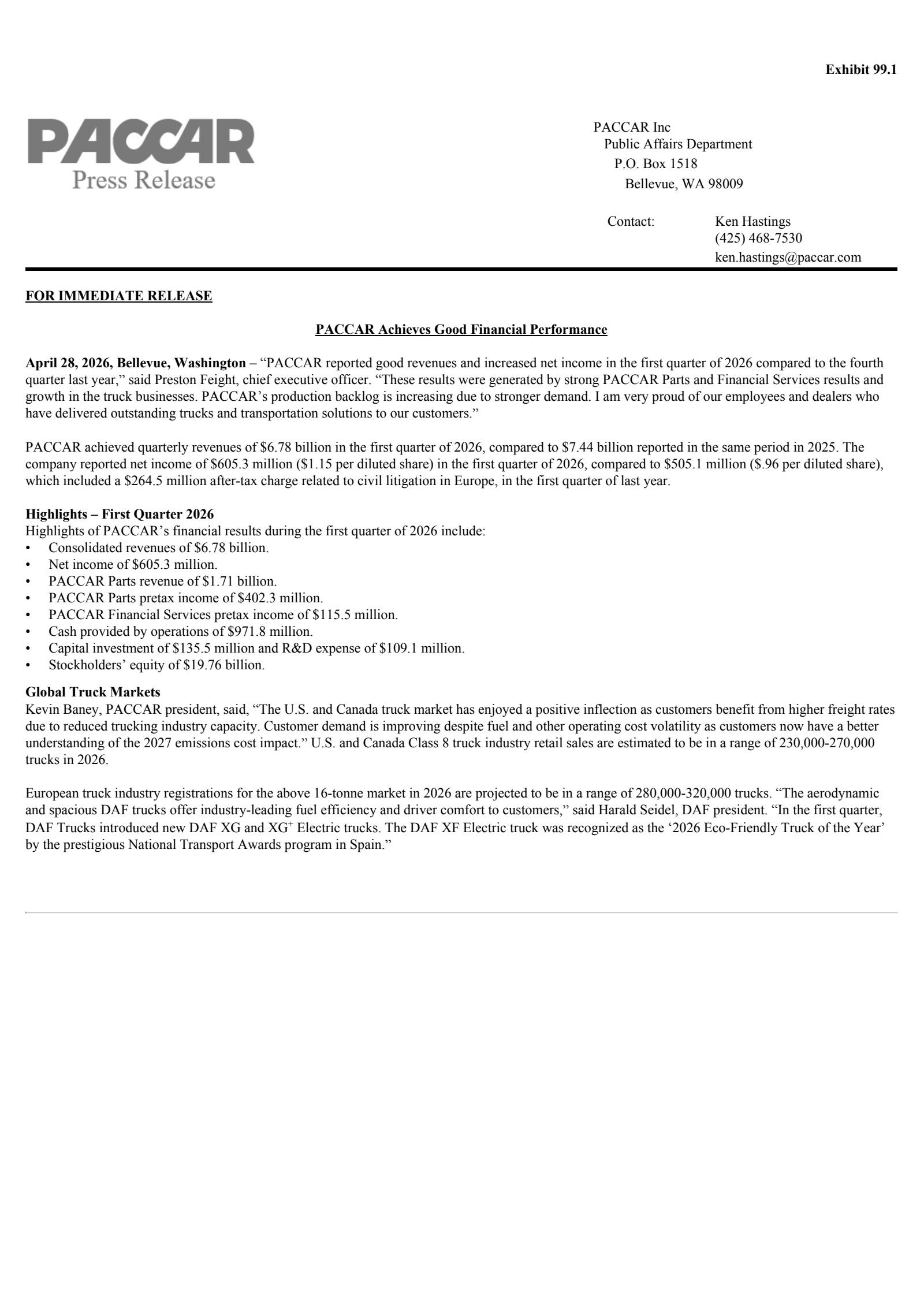 PACCAR's Q1 2026 Press Release