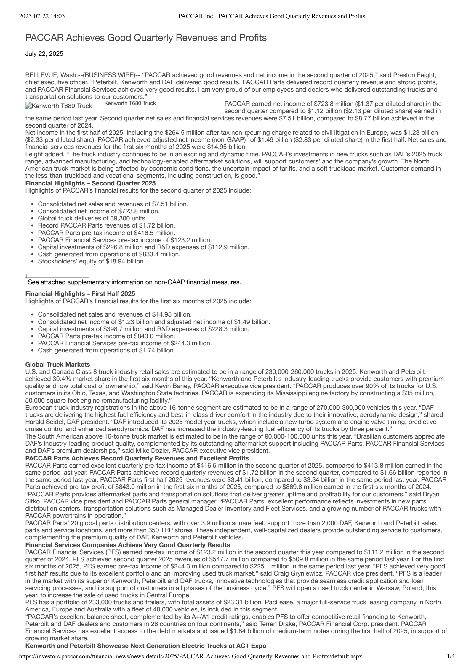 PACCAR's Q2 2025 Press Release