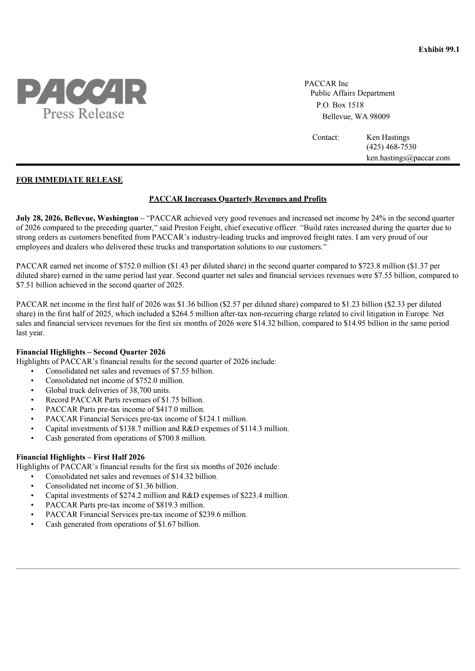 PACCAR's Q2 2026 Press Release