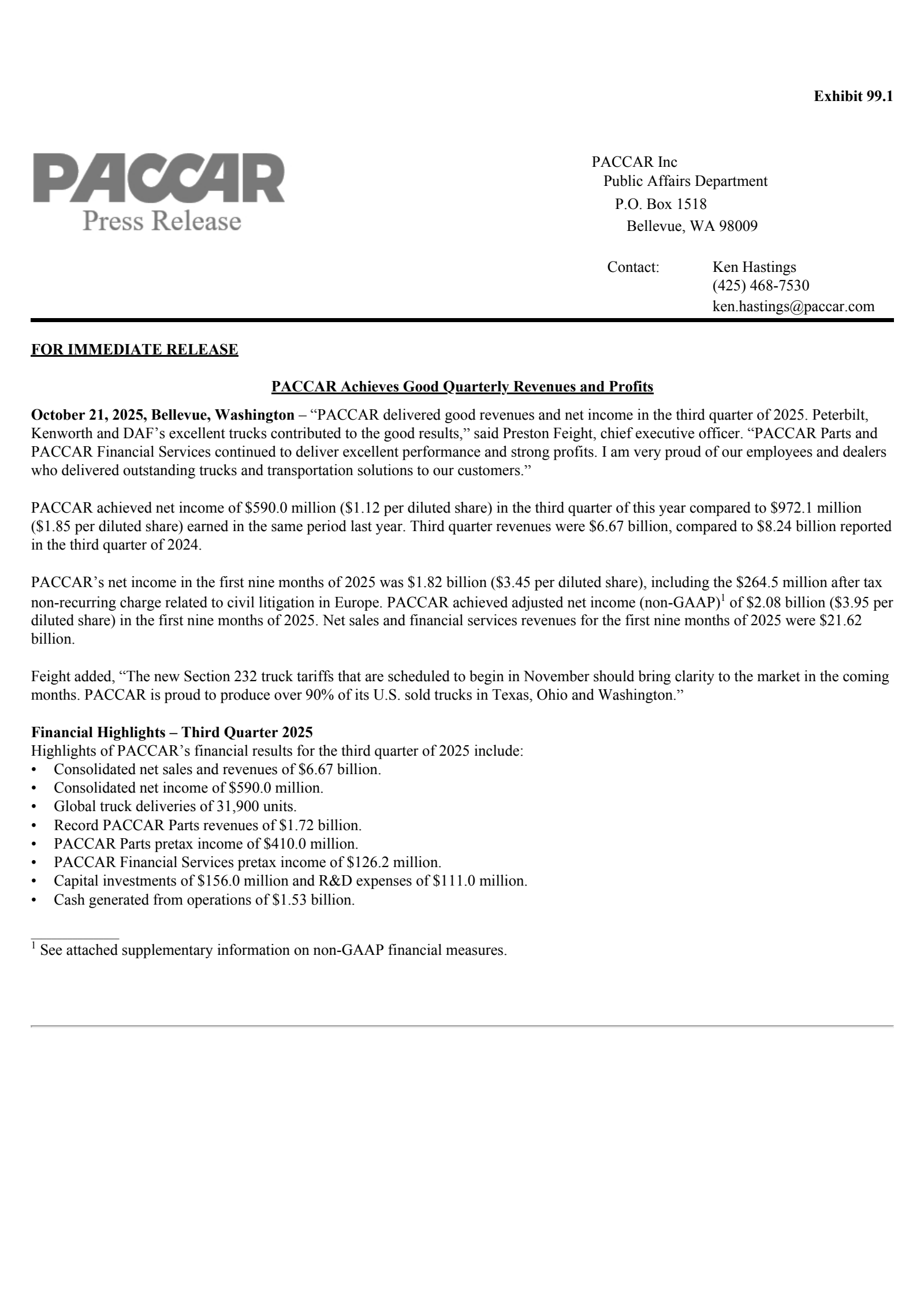PACCAR's Q3 2025 Earnings Release