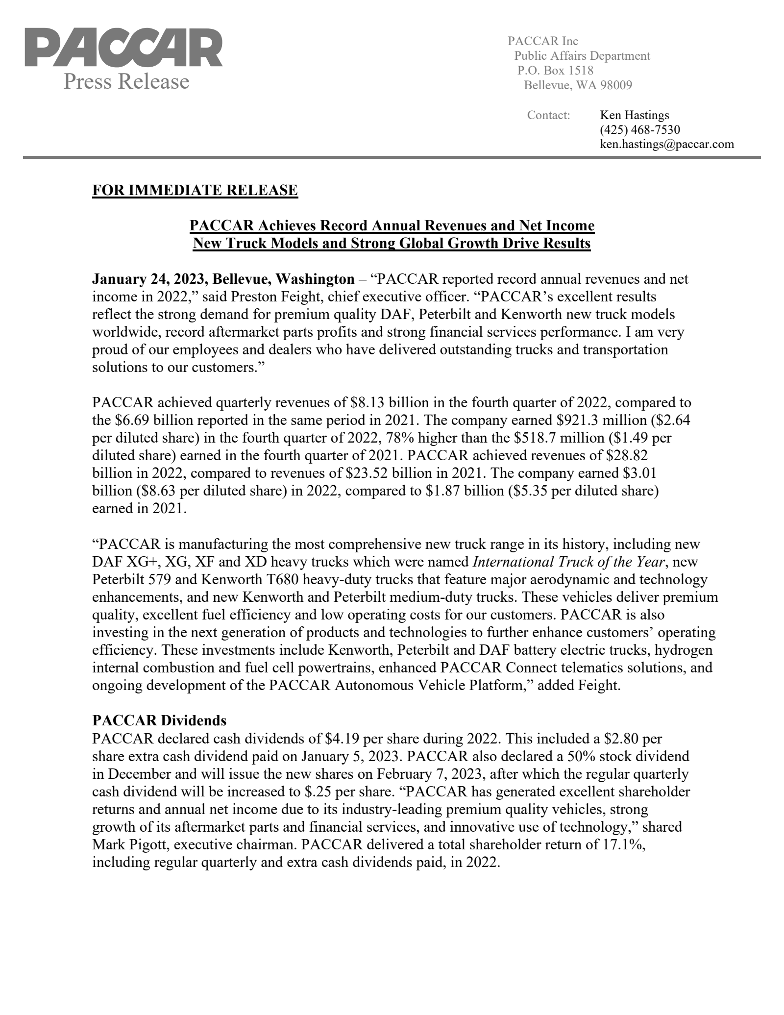 PACCAR's Q4 2022 Earnings Release