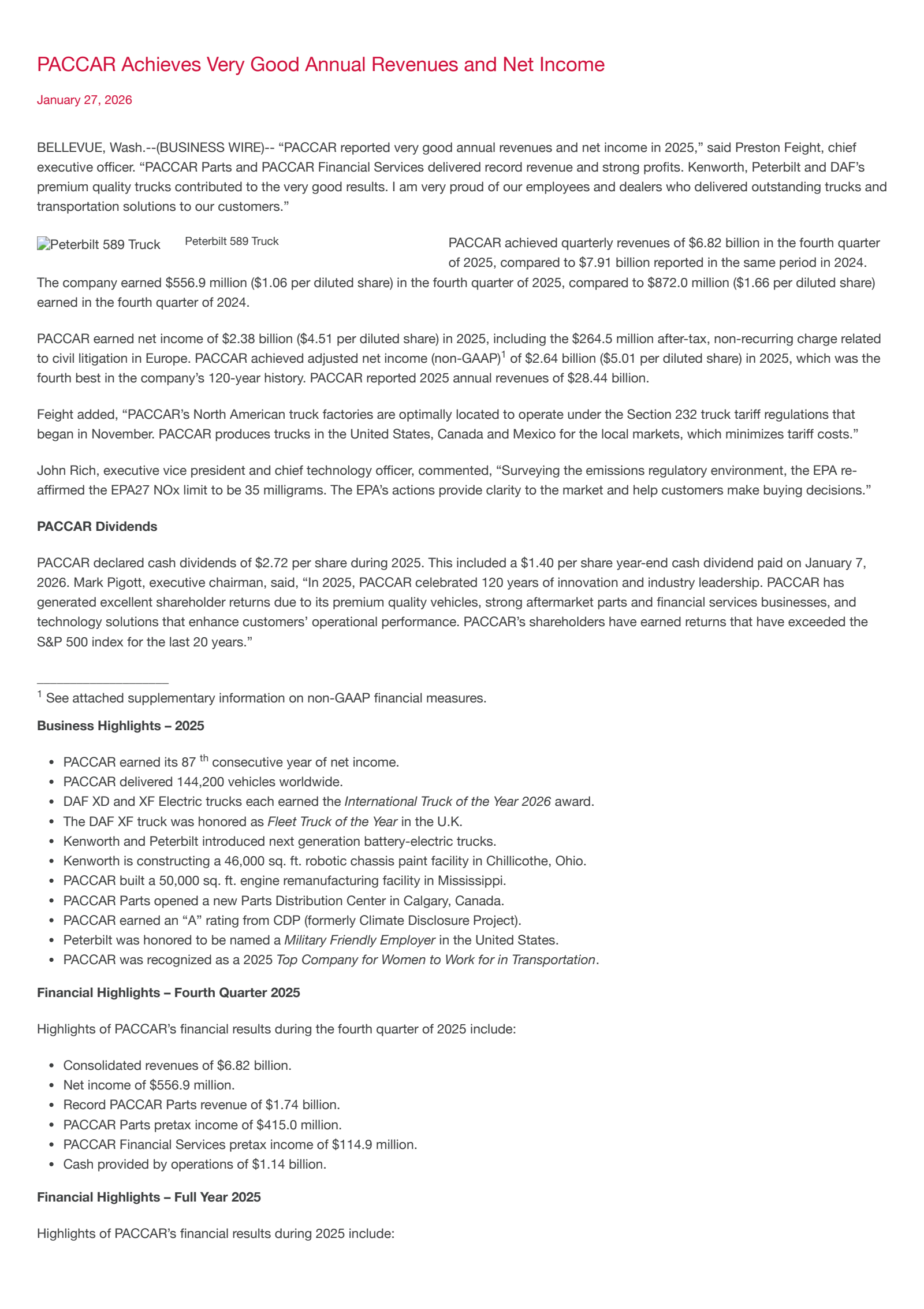PACCAR's Q4 2025 Press Release