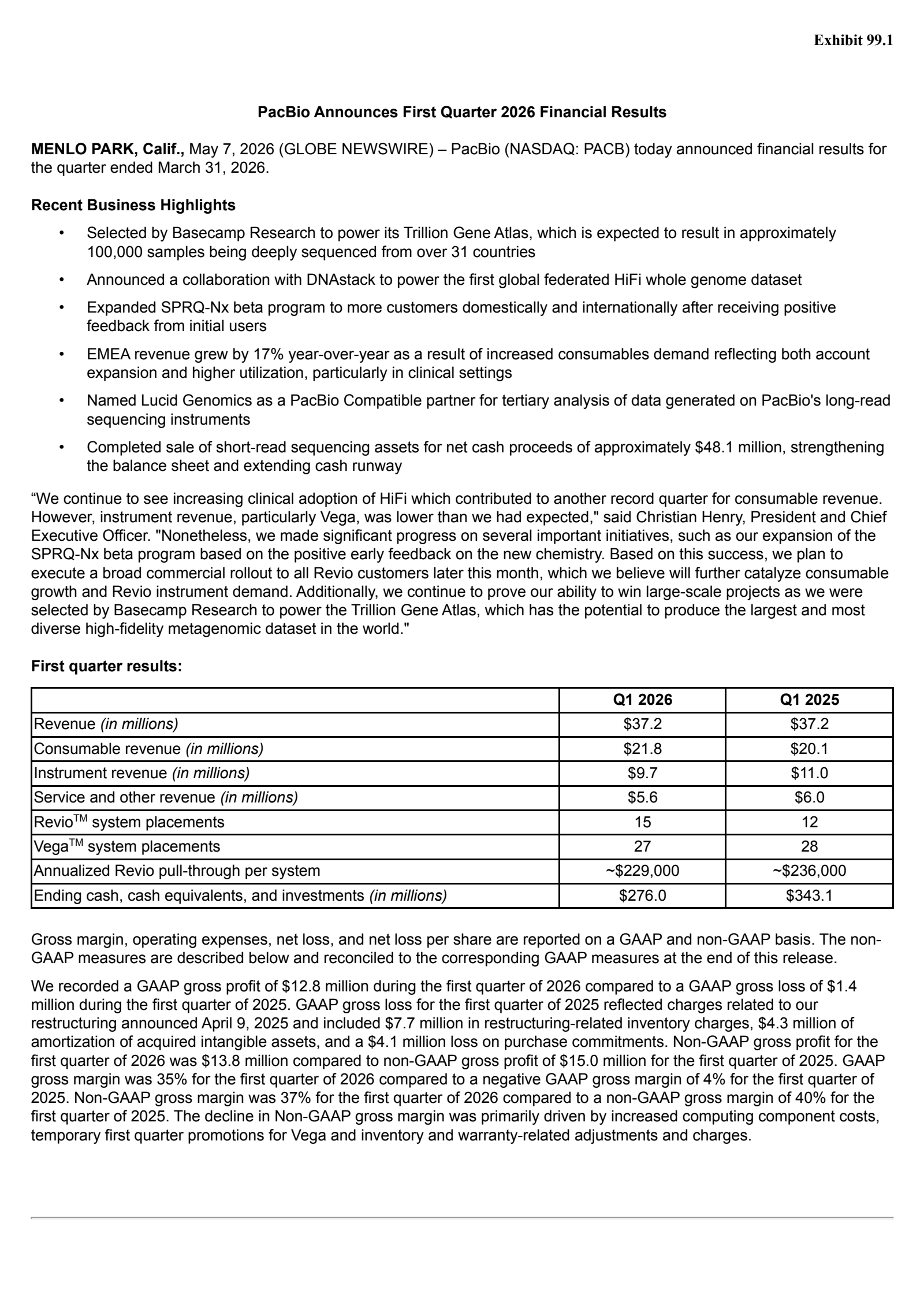 Pacific Biosciences of California's Q1 2026 Press Release