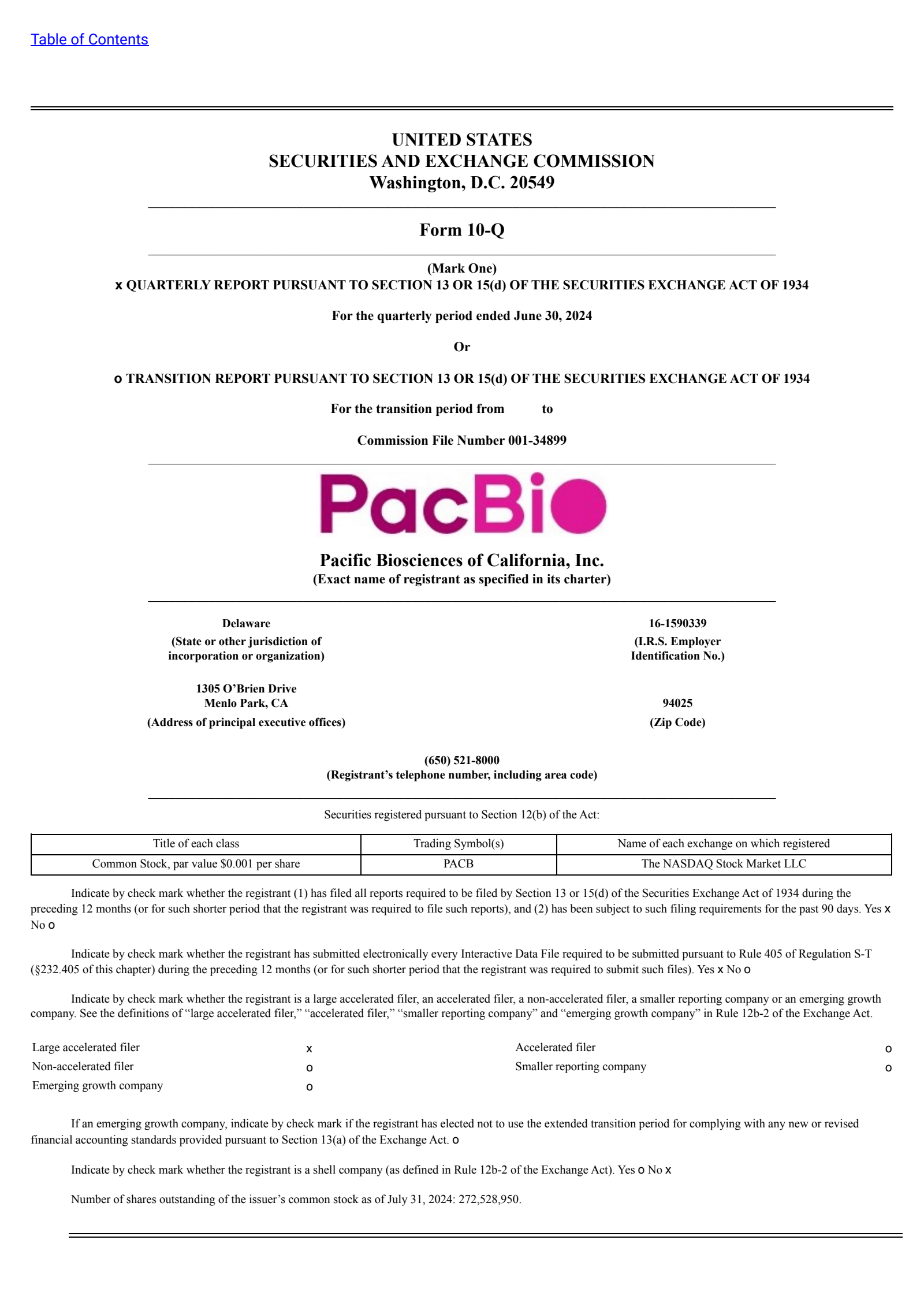 Pacific Biosciences of California's Q2 2024 Quarterly report