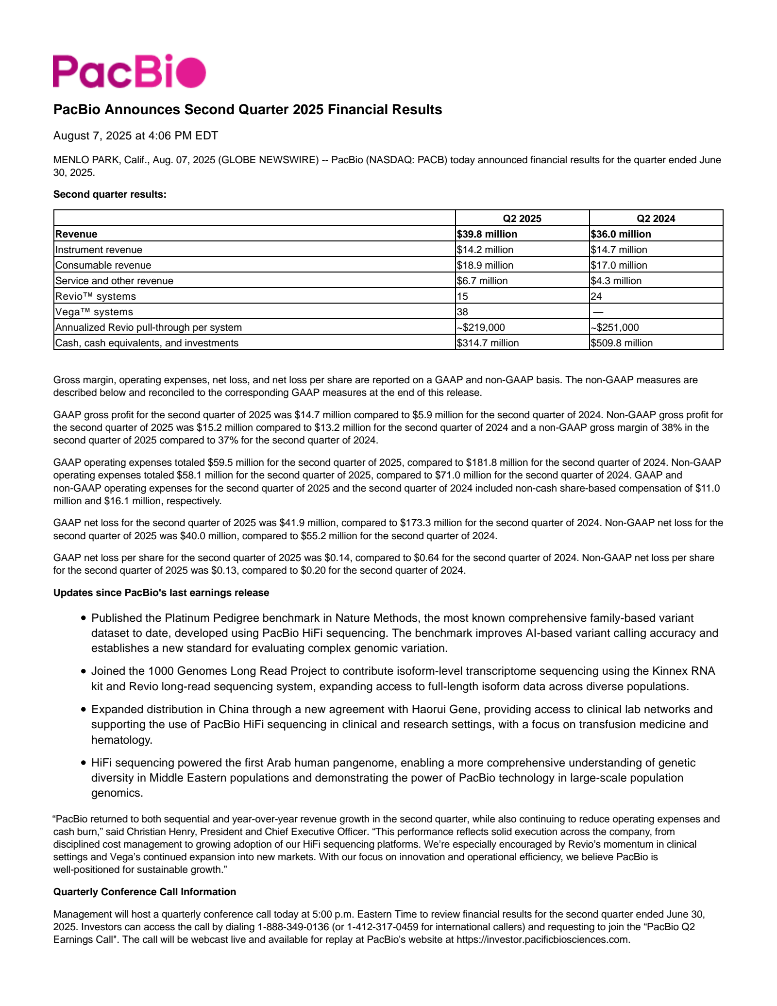Pacific Biosciences of California's Q2 2025 Press Release