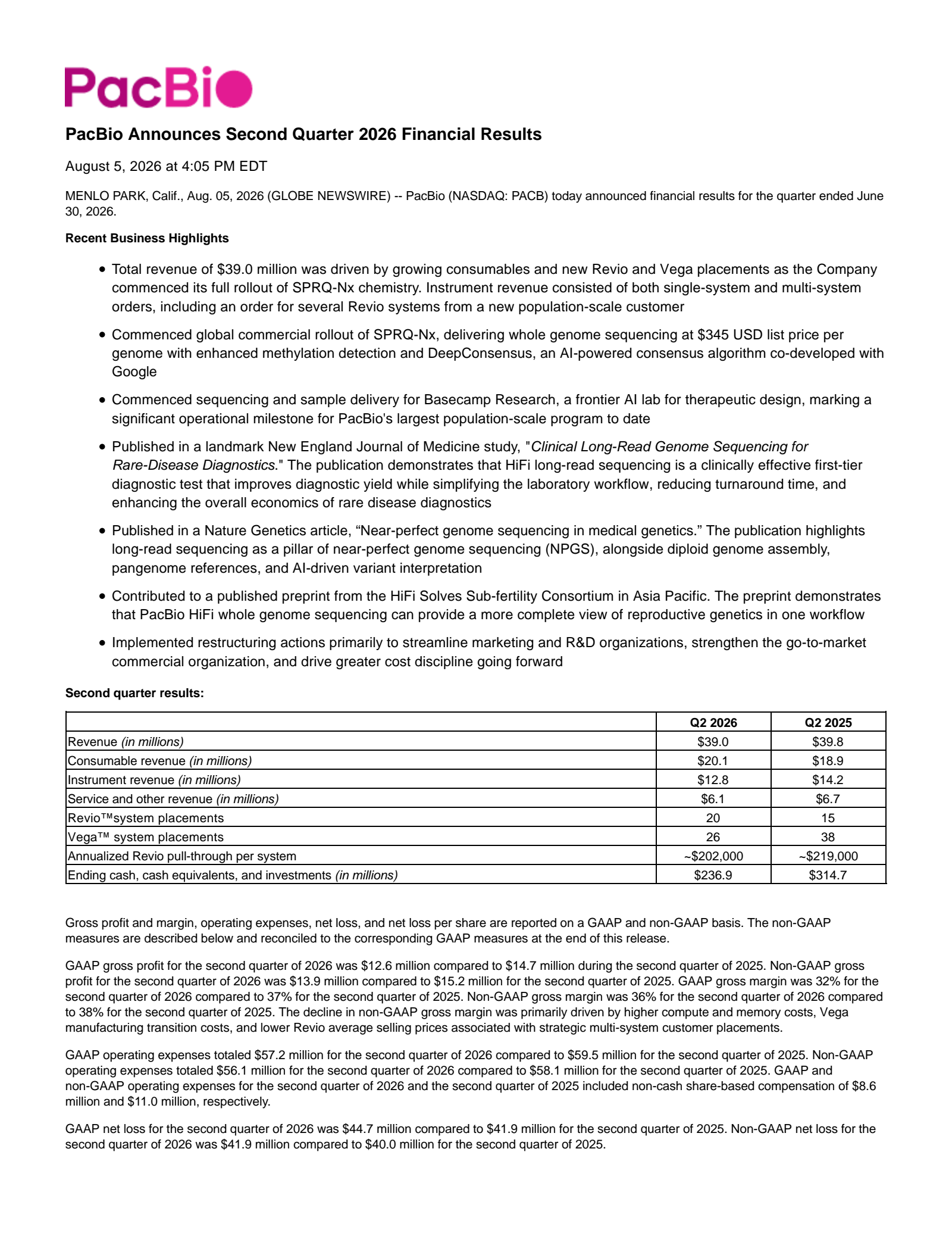 Pacific Biosciences of California's Q2 2026 Press Release