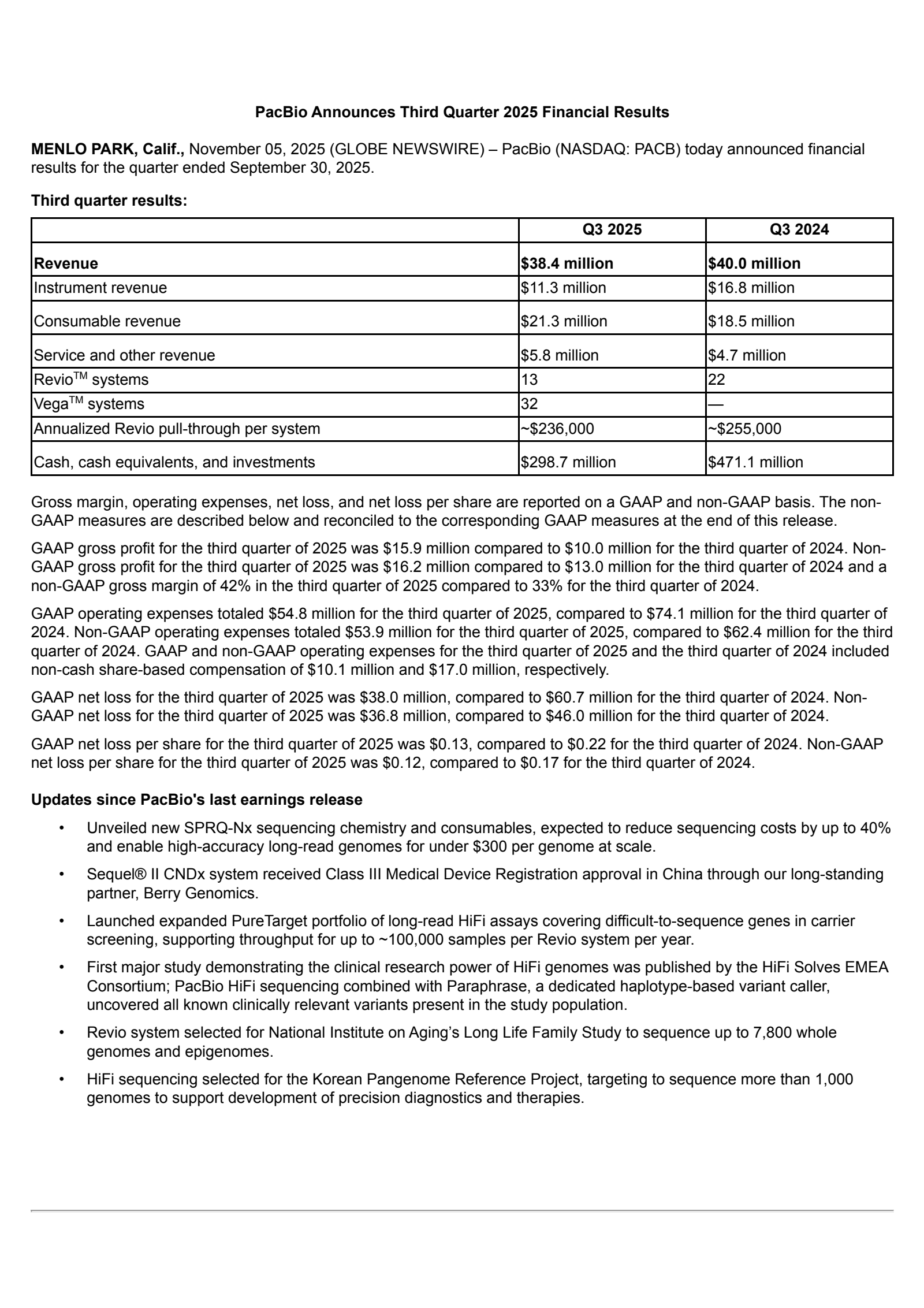 Pacific Biosciences of California's Q3 2025 Earnings Release