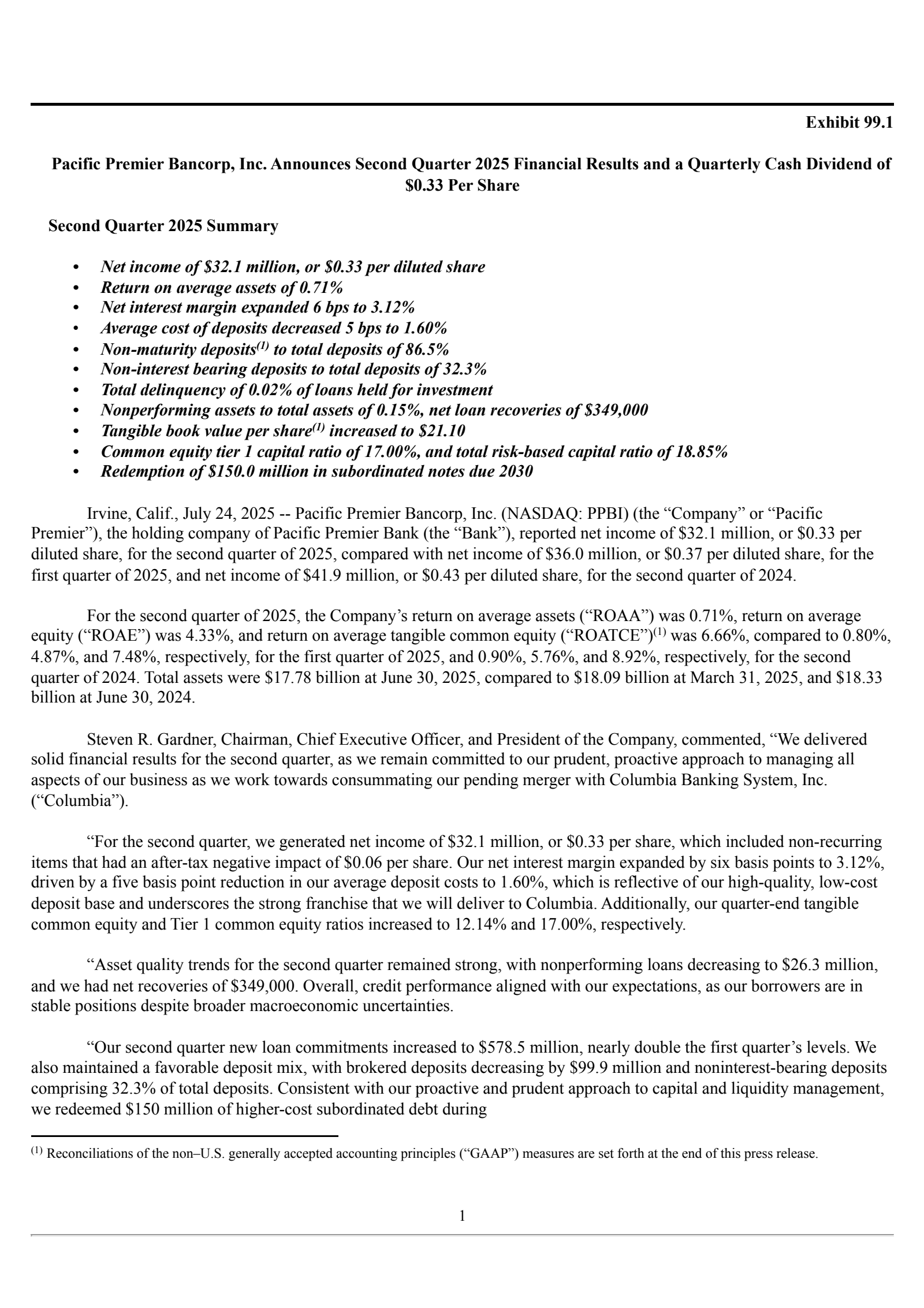 Pacific Premier Bancorp's Q2 2025 Press Release