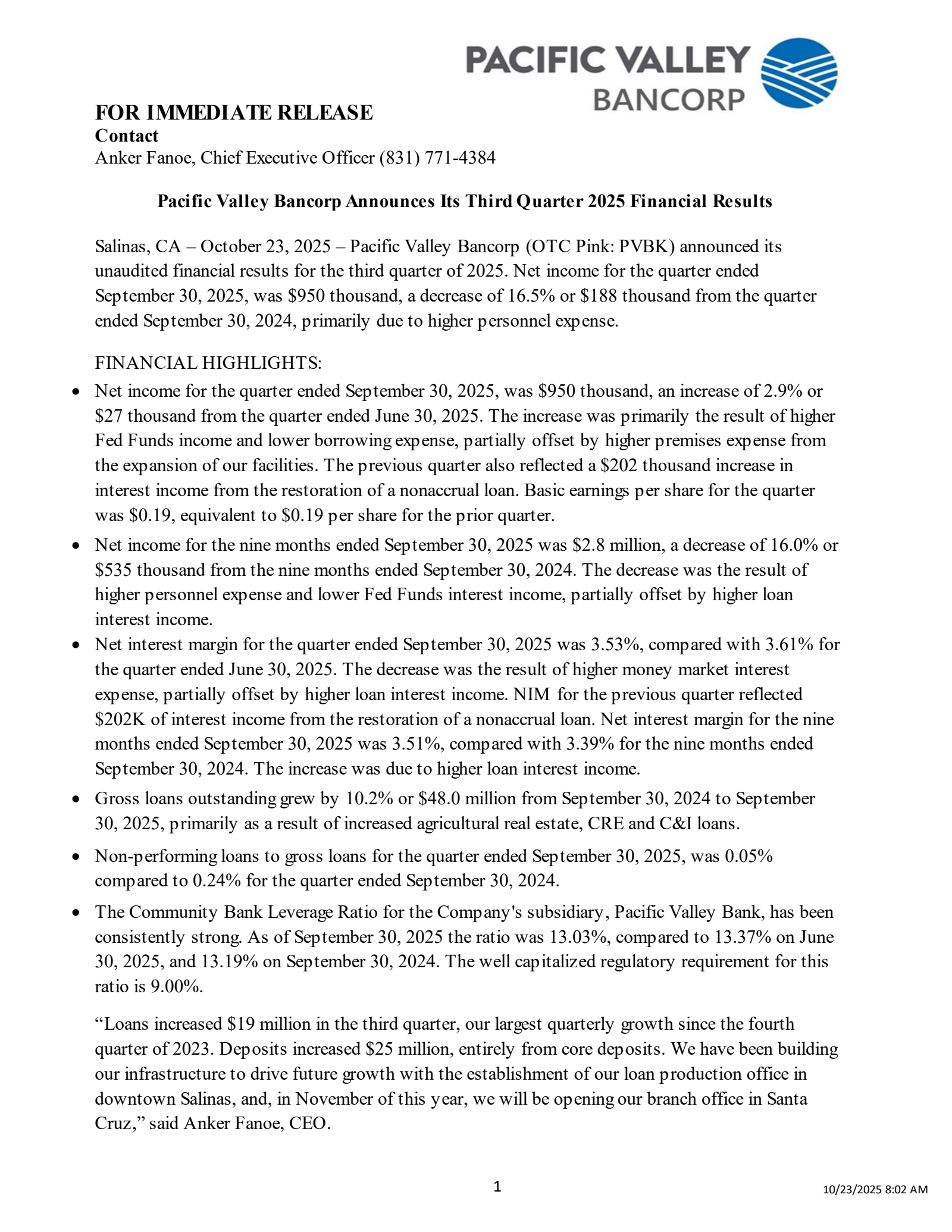 Pacific Valley Bancorp's Q3 2025 Earnings Release