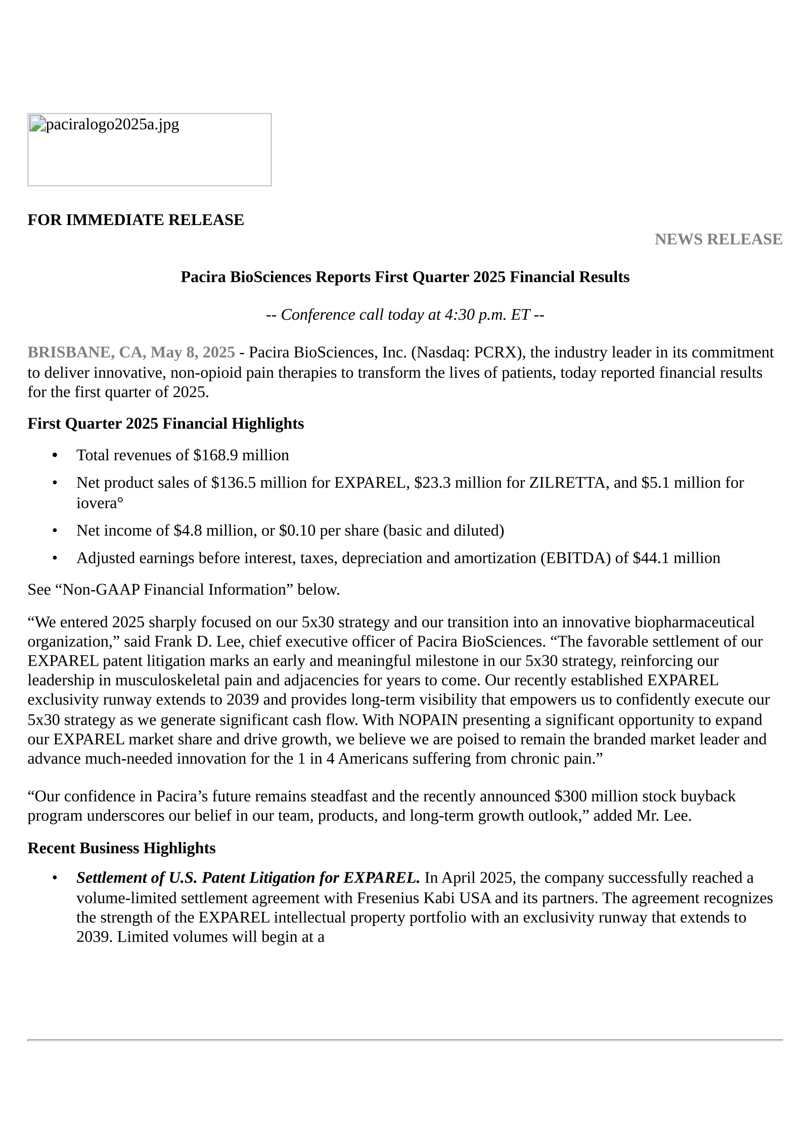 Pacira BioSciences' Q1 2025 Press Release